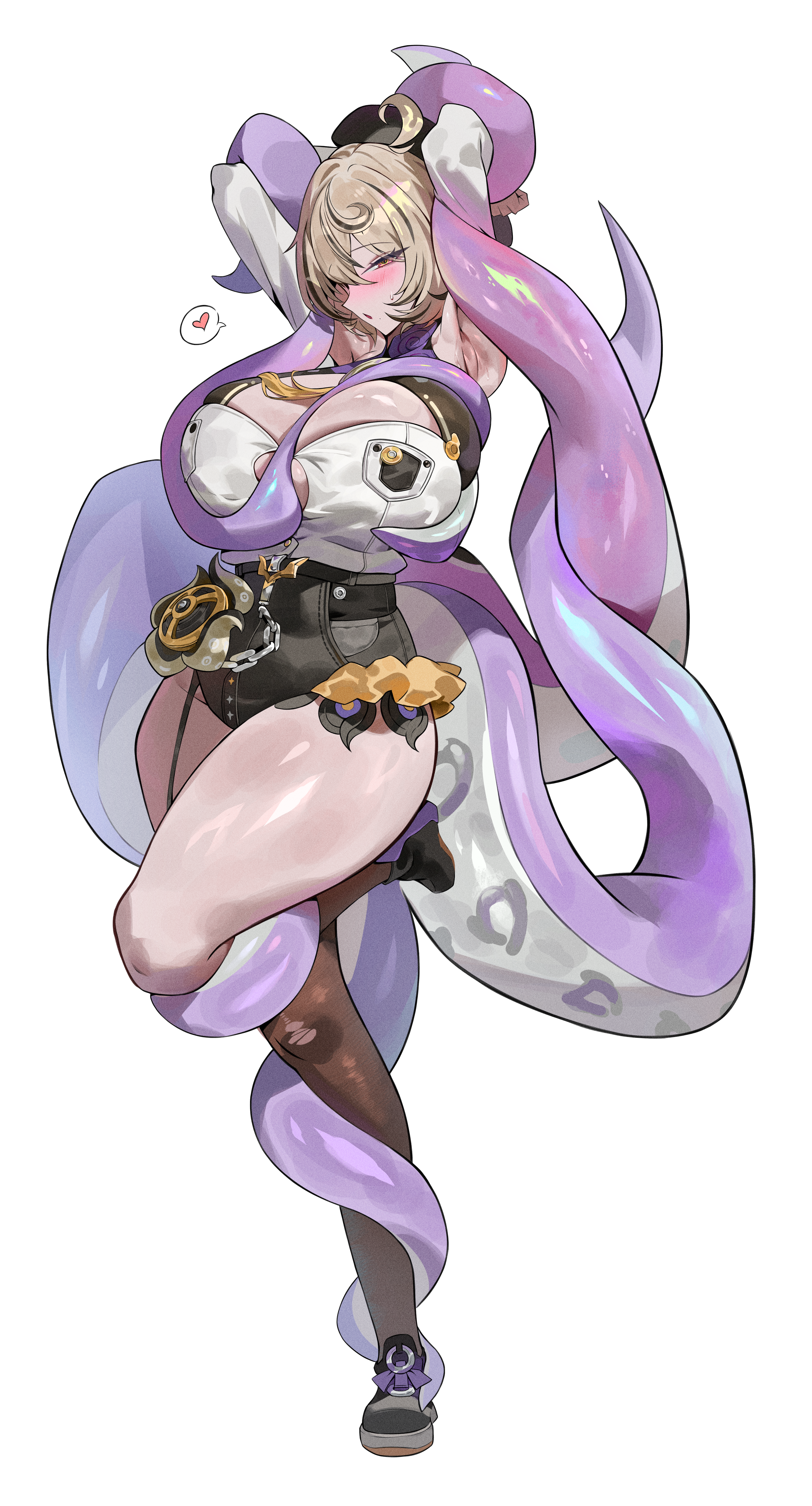 1girls absurdres armpits arms_up bare_shoulders beret black_hat black_shorts black_thighhighs blonde_hair blush breasts detached_sleeves female full_body hat high-waist_shorts highres large_breasts looking_at_viewer purple_eyes shirt short_hair shorts single_thighhigh sleeveless sleeveless_shirt tentacle_tail thighhighs white_shirt yidhari_murphy zenless_zone_zero zutsuyaku