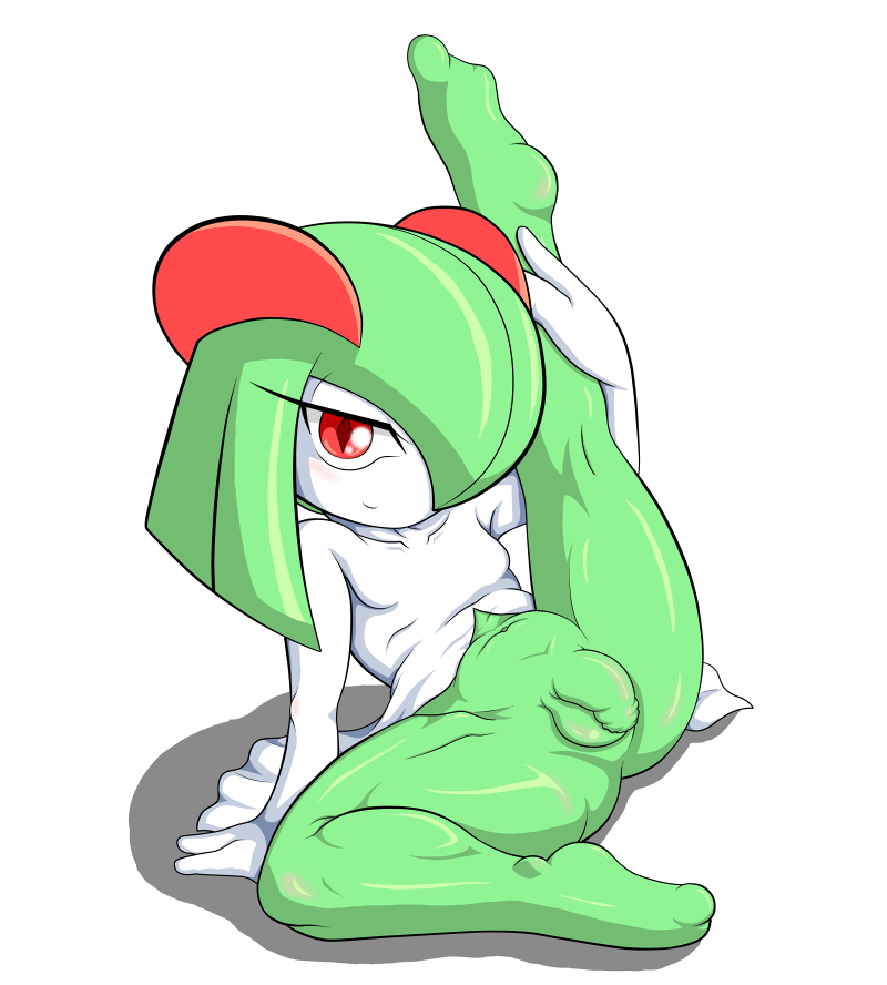 kirlia, pokemon rse, anthro, balls, blush, flaccid, hair over one eye, peni...