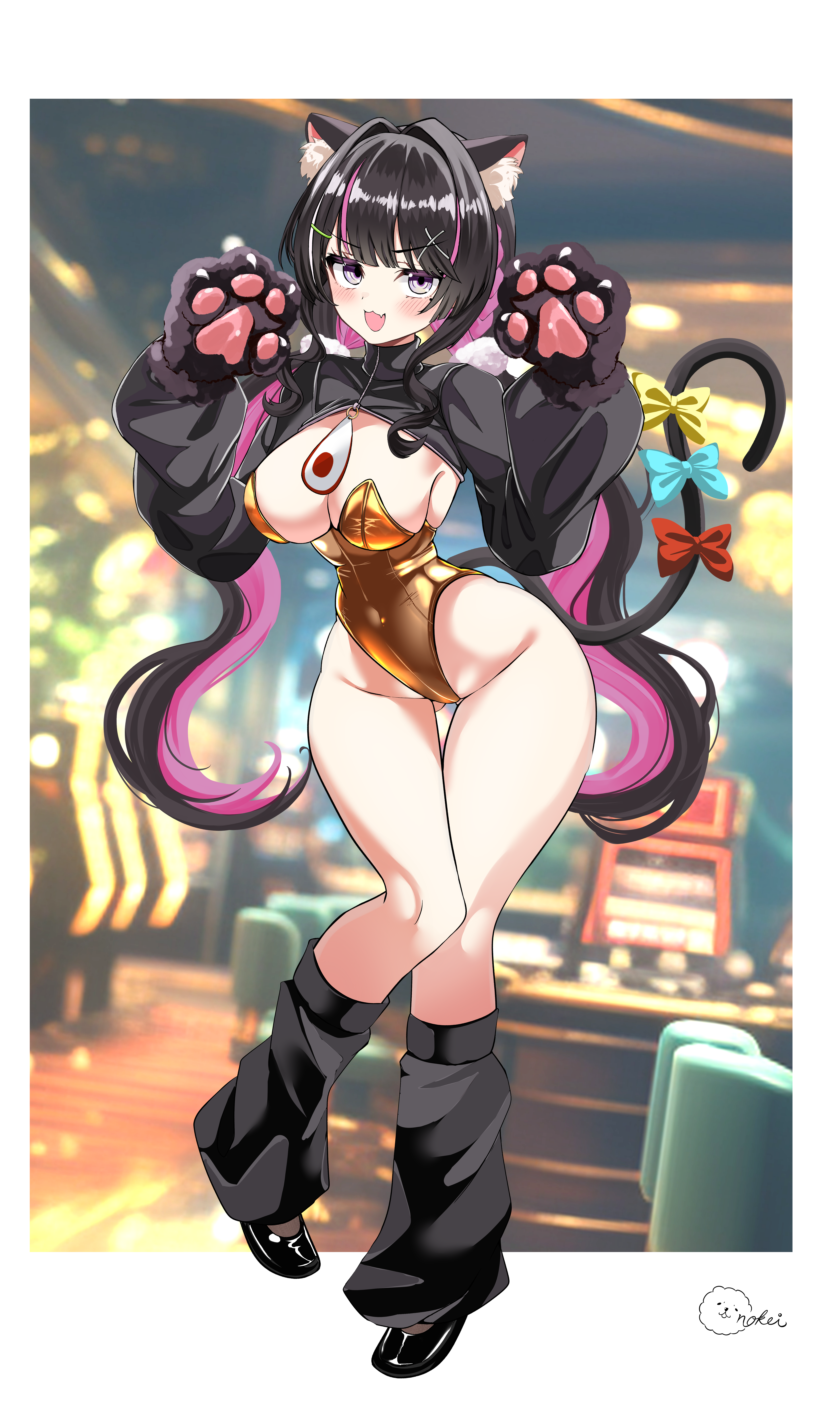:3 :d azki_(hololive) black_socks blush cat_ears cat_tail catgirl curvy fang full_body gold_leotard hololive large_breasts leotard loose_socks narrow_waist paw_pose thick_thighs virtual_youtuber voluptuous wide_hips