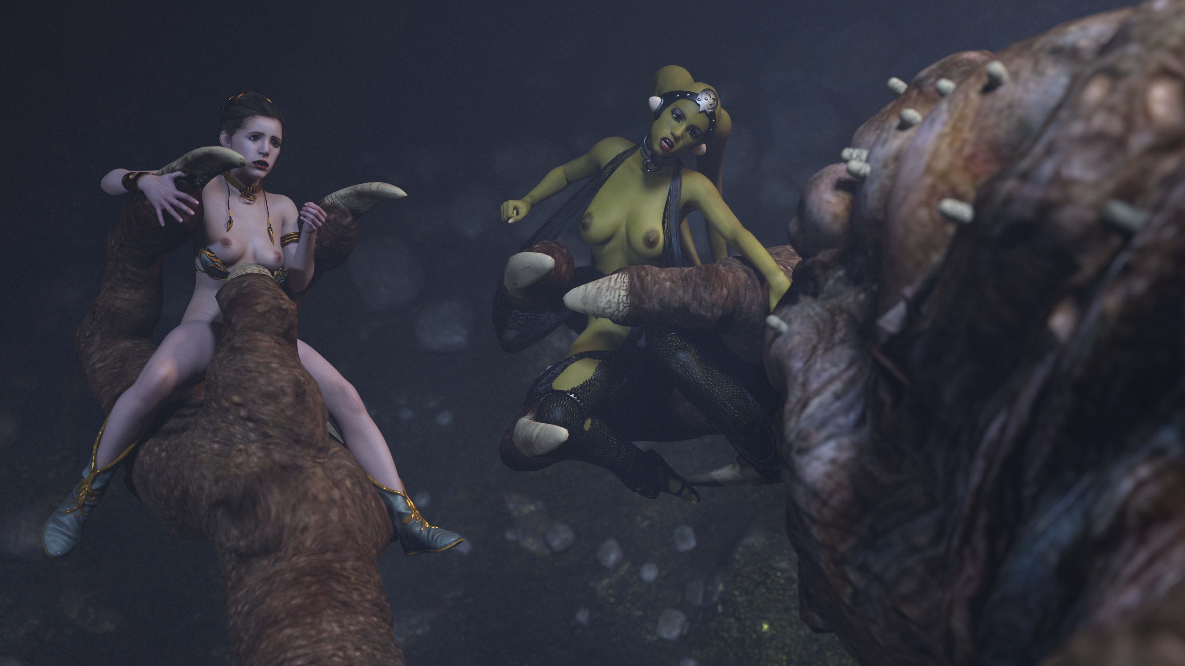 2girls 3d alexbridger alien alien_girl alien_humanoid boots braided_hair breasts brown_eyes brown_hair clothes_removed clothes_torn dancer enslaved_royal female green-skinned_female green_skin harem harem_girl headwear held_up human large_breasts light-skinned_female light_skin long_hair medium_breasts monster multiple_females multiple_girls nearly_nude nipples oola peril princess_leia_organa rancor rancor_pit rebel_(star_wars) ripped_clothing sandals slave slave_bikini slave_collar slave_girl slave_leia slave_outfit star_wars torn_clothes twi'lek