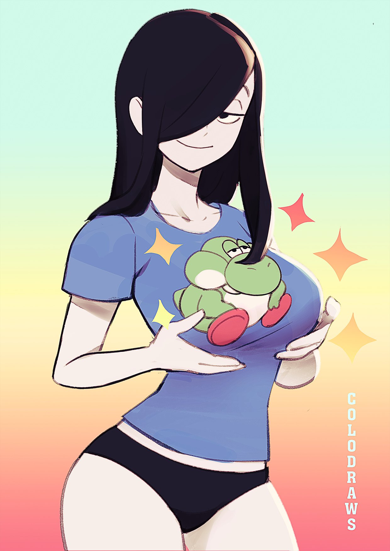 ...fat yoshi, hair over one eye, long hair, showing off, smile, sparkle, te...
