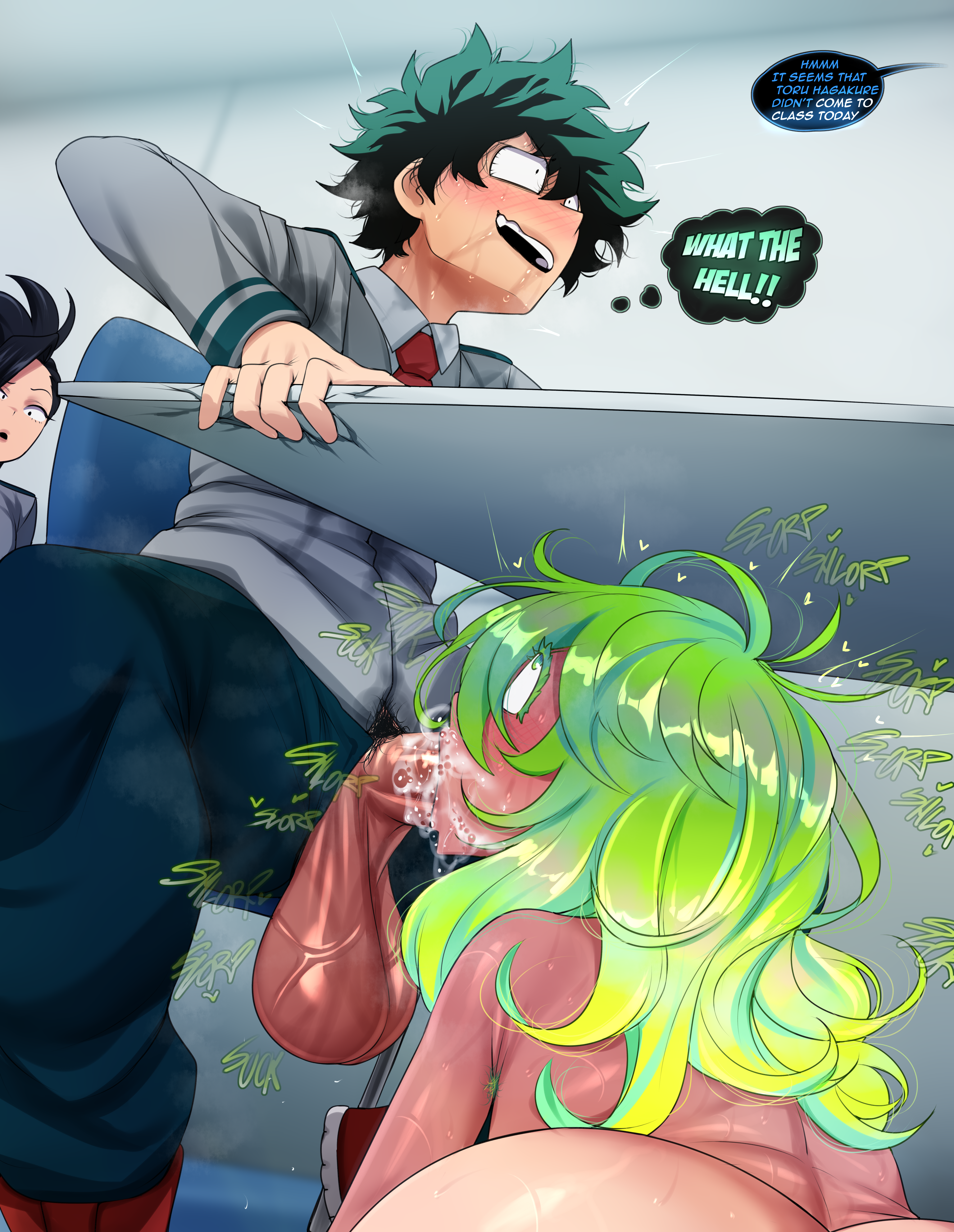 astroodragon blowjob blowjob_under_table blush boku_no_hero_academia comic green_hair huge_cock izuku_midoriya momo_yaoyorozu my_hero_academia stealth_sex tooru_hagakure tooru_hagakure_(visible)
