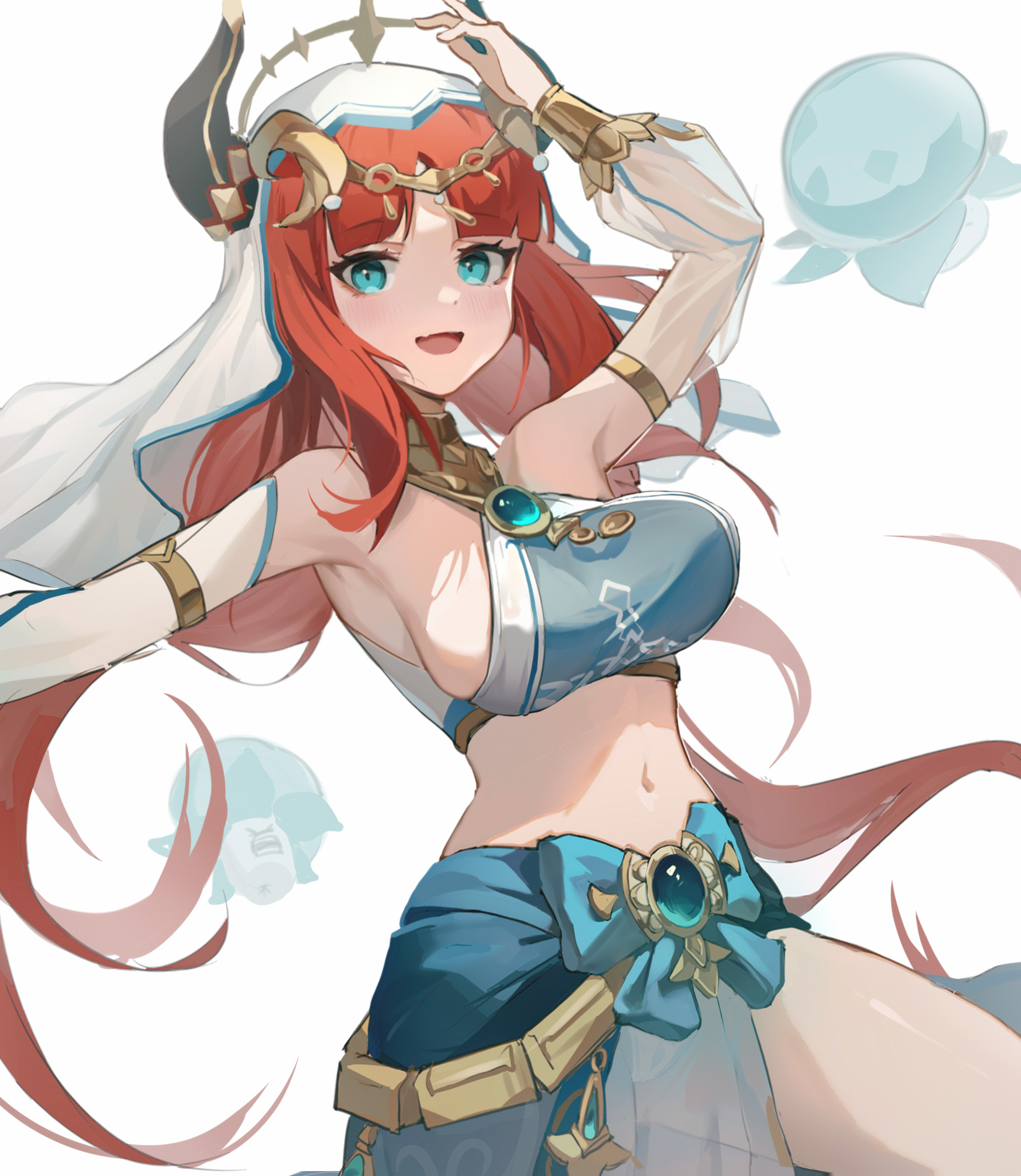 1girls, blue eyes, genshin impact, nilou (genshin impact), no bra, red hair, zombie ke, 