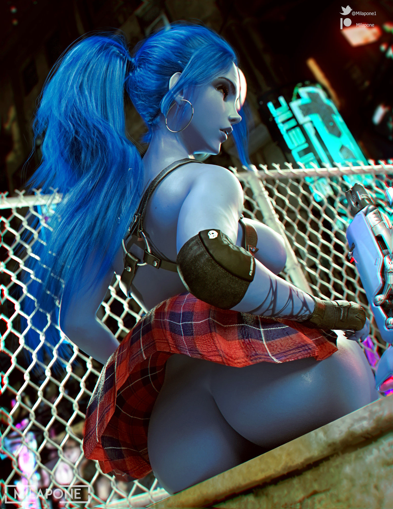 widowmaker, blizzard entertainment, overwatch, 3d, ass, big ass, big breasts, blue hair, blue skin, breasts, milapone, no panties, skirt, tattoo, 