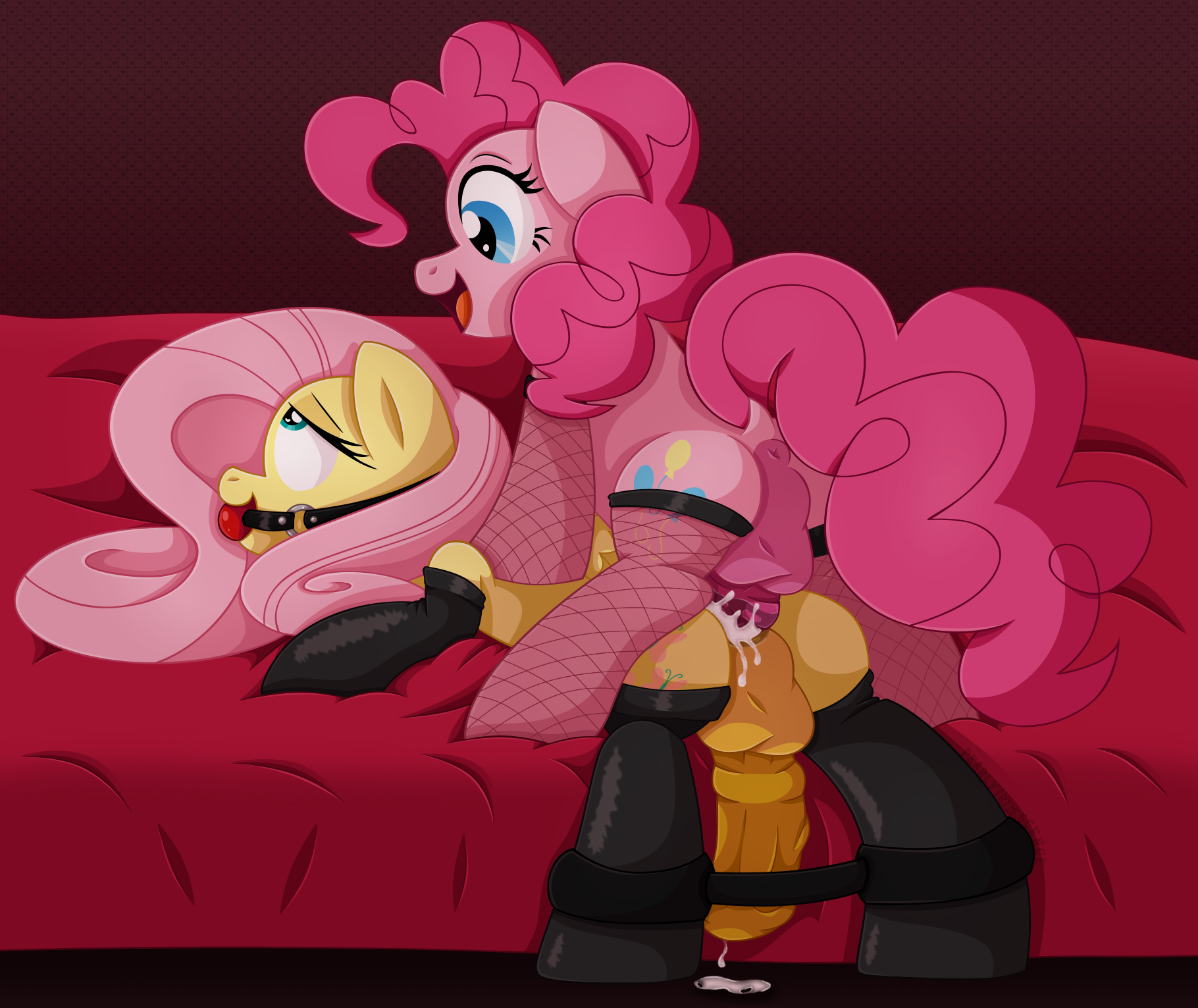 pearlyiridescence, fluttershy (mlp), pinkie pie (mlp), friendship is magic, my little pony, anal, anal sex, animal genitalia, anus, backsack, ball gag, balls, bed, black penis, blue eyes, cum, cum in ass, cum inside, cum on ground, cum while penetrated, cutie mark, duo, equine, fishnet, fur, furry, futa on futa, futanari, gag, hair, horse, horsecock, inside, intersex, legwear, looking up, lube, mammal, open mouth, orgasm, penetration, penis, pink fur, pink hair, pony, sex, smile, stockings, yellow fur, yellow penis, 