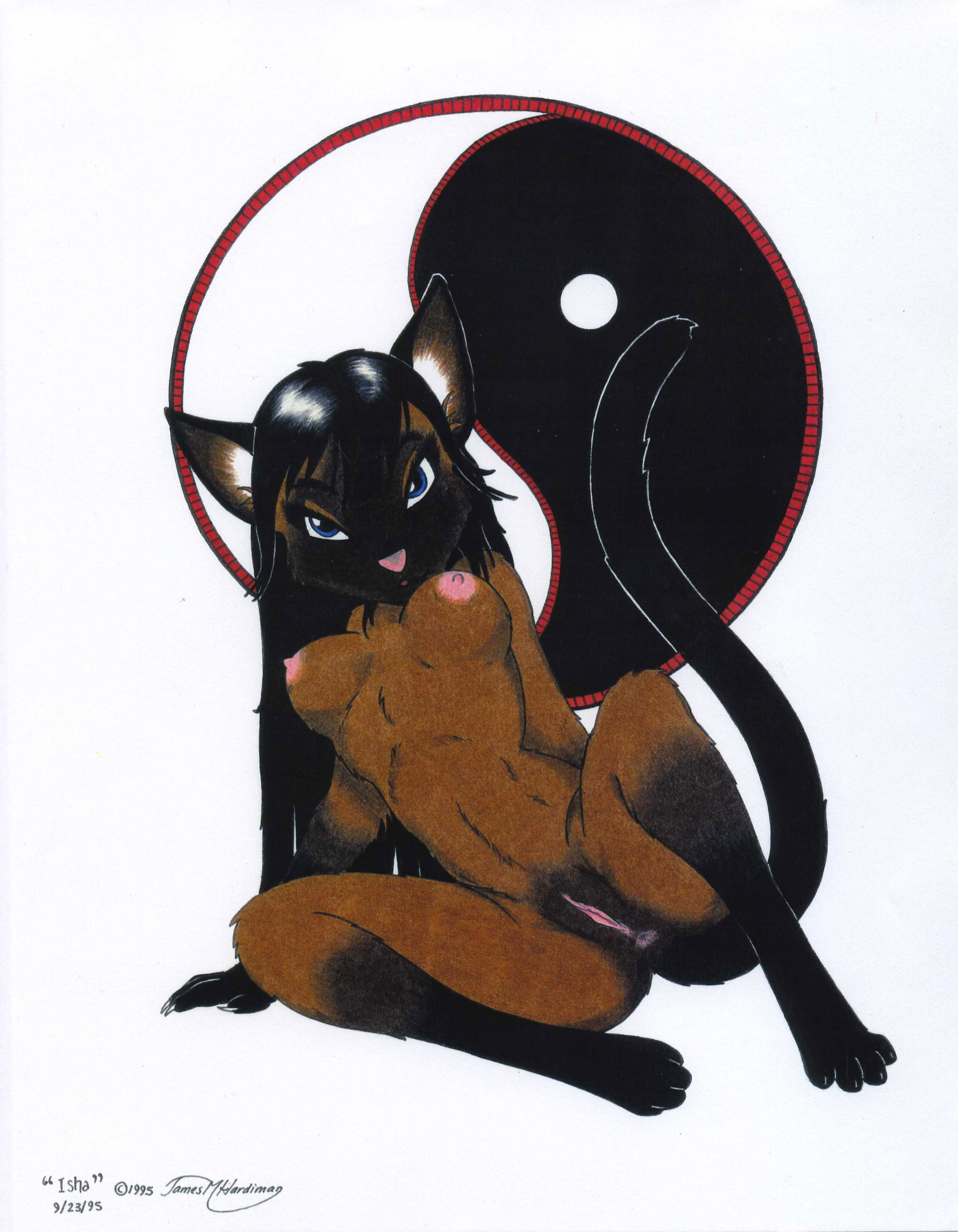 james m hardiman, 1995, pose, anthro, anus, black hair, blue eyes, breasts, feline, female, fur, furry, hair, inviting, looking at viewer, nude, pinup, pussy, seductive, solo, yin yang, 