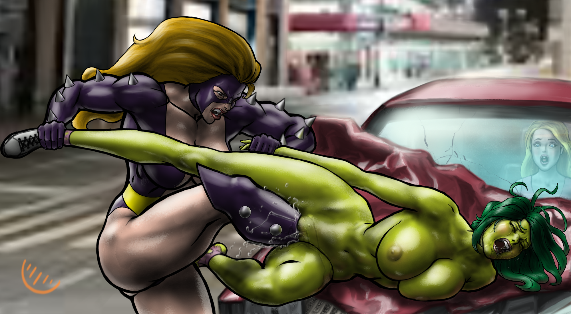 she-hulk, titania(marvel), ankle grab, blush, bystander, catfight, clothed ...