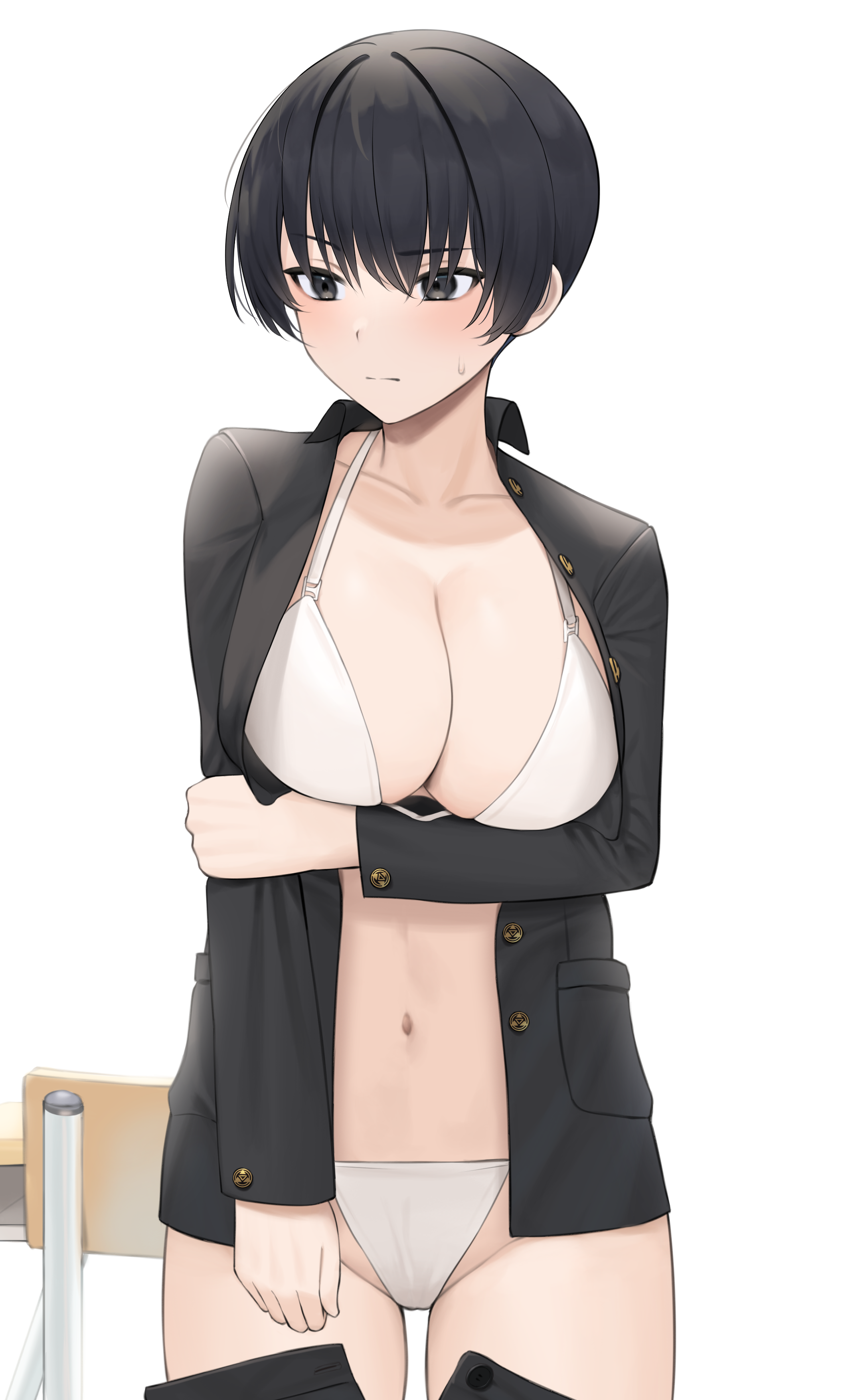 1girls absurd_res absurdres arm_under_breasts bare_belly bare_chest bare_hands bare_midriff bare_navel bare_shoulders bare_skin bare_thighs bare_torso belly belly_button bikini bikini_bottom bikini_top black-haired_female black_coat black_hair black_jacket blush blush_lines blushing_at_viewer blushing_female breasts chair cleavage coat collarbone dot_nose elbows embarrassed embarrassed_female female female_focus female_only fingers groin half_naked high_resolution highres jacket large_breasts legs light-skinned_female light_skin lordol navel original original_art original_artwork original_character pussy short_hair shoulders simple_background slender_body slender_waist slim_female slim_waist solo standing string_bikini swimsuit swimwear table thick_thighs thighs thin_waist tomboy upper_body v-line white_background white_bikini white_bikini_bottom white_bikini_top white_string_bikini white_swimsuit white_swimwear