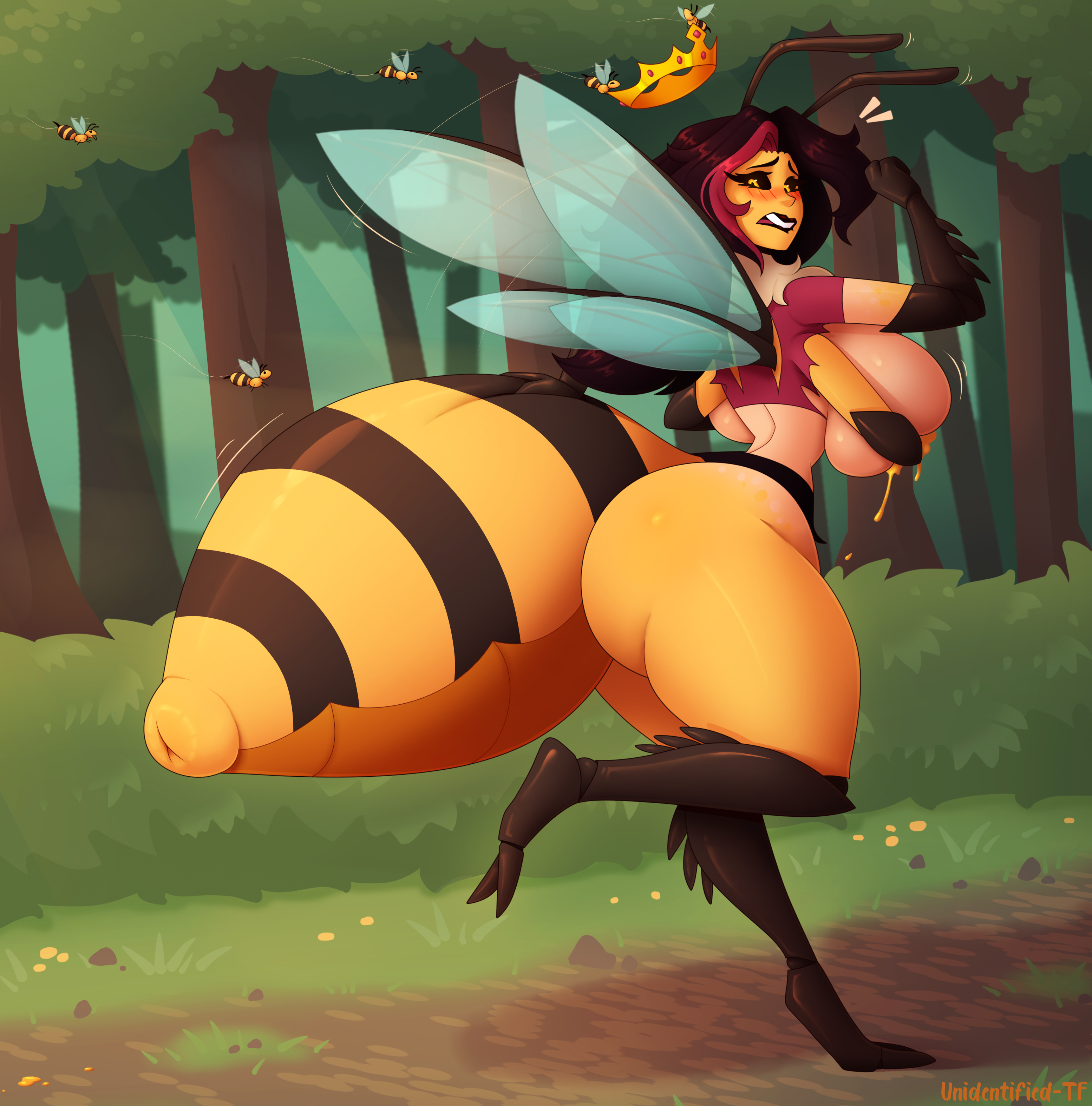 2_toes 4_arms absurd_res animal_humanoid antennae_(anatomy) arthropod arthropod_abdomen arthropod_abdomen_genitalia arthropod_humanoid ass bee bee_humanoid big_breasts big_butt bite biting_lip black_lips black_sclera blush bodily_fluids breast_squish breasts crown feet female female_focus food forest genitals headgear hi_res honey_(food) huge_breasts huge_butt huge_thighs human_to_humanoid humanoid hymenopteran hymenopteran_humanoid hyper hyper_breasts insect_humanoid insect_wings insects lactating lactating_honey lips multi_arm multi_limb plant small_waist solo solo_focus species_transformation squish thick_thighs thorne_(unidentified-tf) toes transformation tree unidentified-tf unusual_bodily_fluids unusual_lactation wings yellow_body yellow_eyes