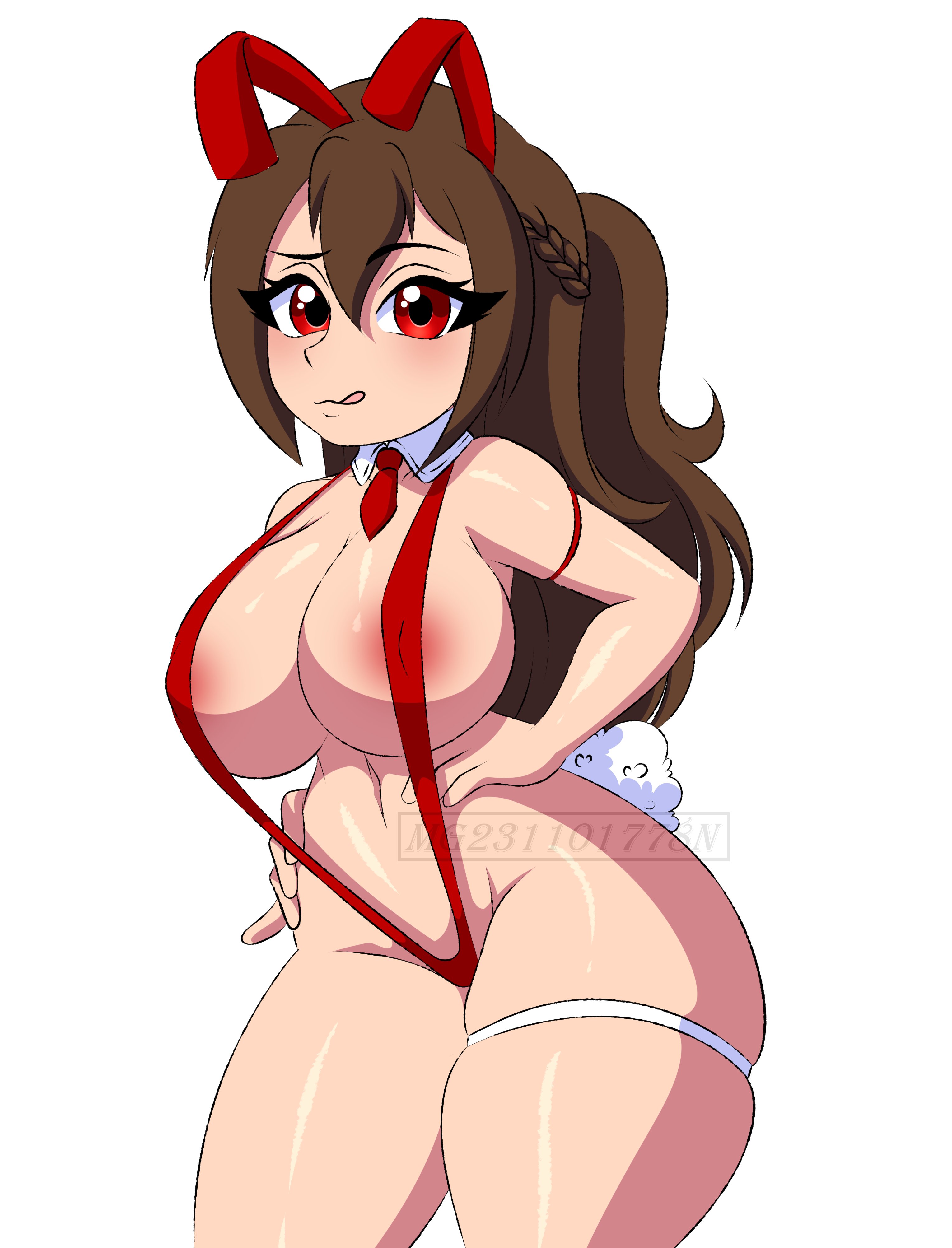 easter, edit, 1girls, breasts, brown hair, bunny ears, bunny girl, bunny tail, bunnysuit, eyelashes, female, female only, kimberley (wesleygamers24), looking at viewer, mg231101778, partially clothed, red eyes, red suit, tie, tongue, wesleygamers24, 