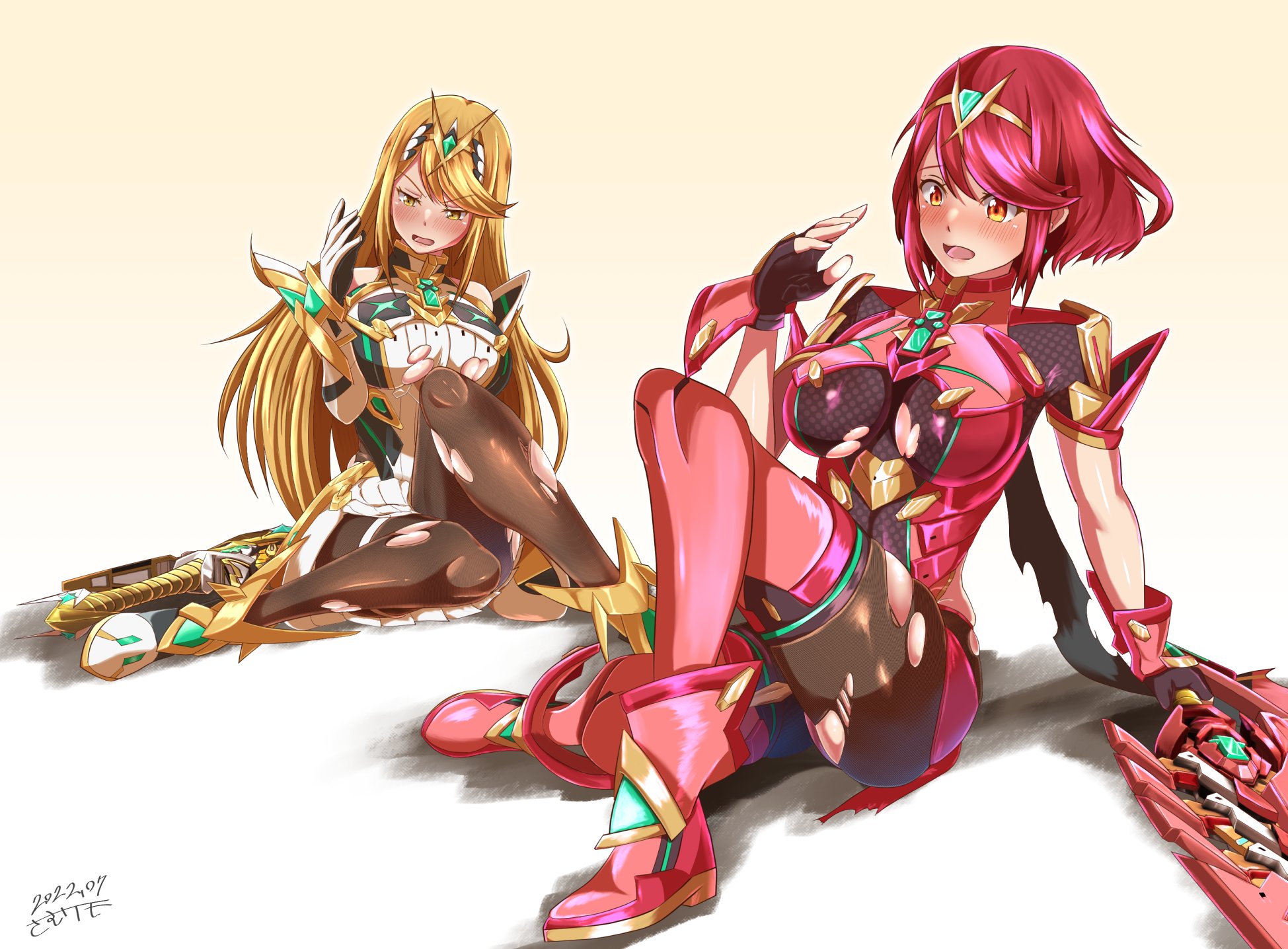 samu poteto, mythra, pyra, super smash bros., xenoblade (series), xenoblade chronicles 2, highres, 2girls, black gloves, black legwear, blonde hair, blush, boots, breasts, brown legwear, cleavage, clothed, clothed female, clothing, core crystal, dress, elbow gloves, embarrassed, female, female only, fingerless gloves, gloves, large breasts, legwear, long sleeves, red boots, red eyes, red hair, red shorts, red thighhighs, short hair, shorts, sitting, sword, thick thighs, thigh boots, thighhighs, thighs, torn clothes, torn clothing, very long hair, weapon, white dress, white gloves, yellow eyes, 