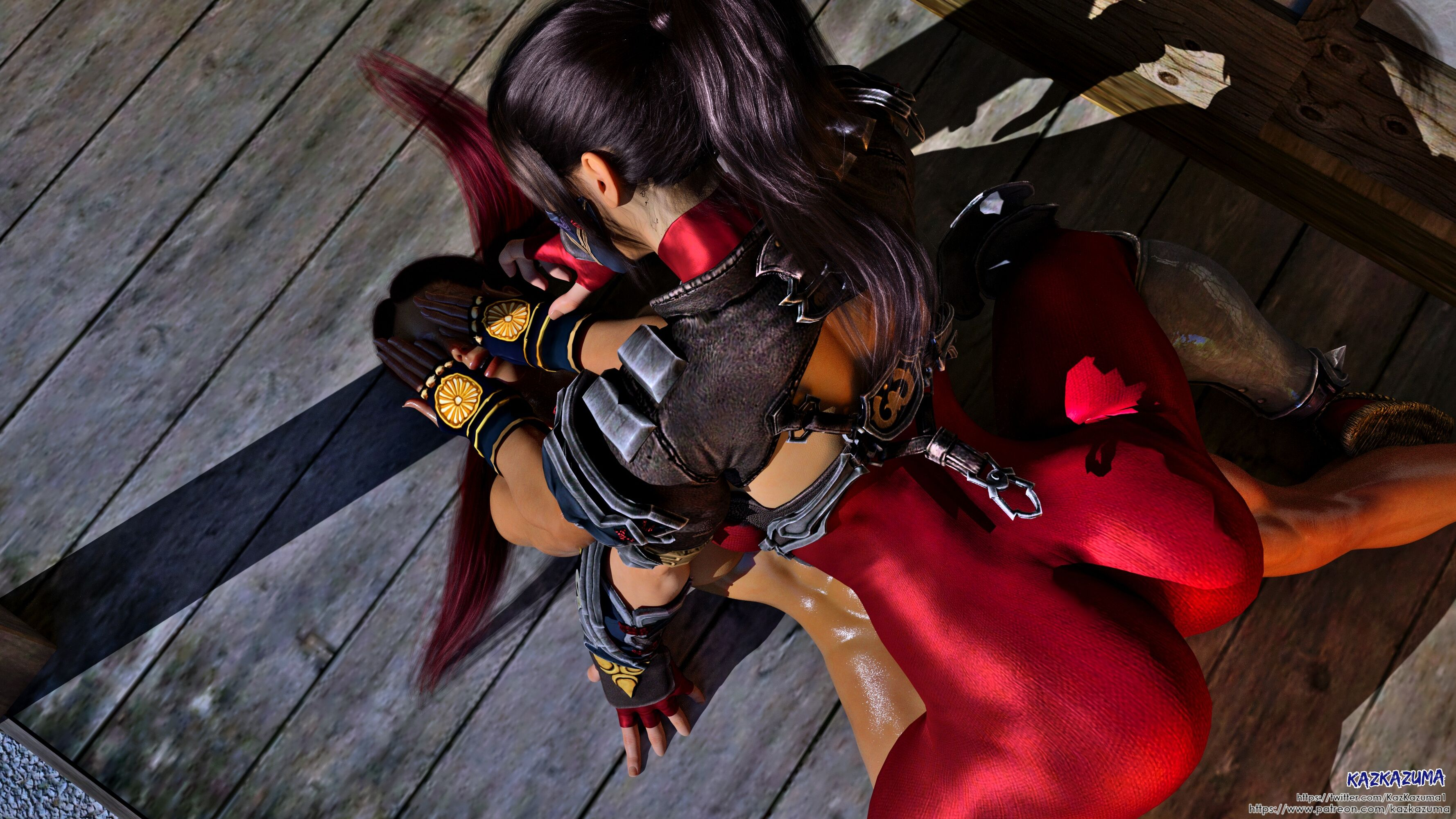 slushe (website), 3d, 1futa, 2girls, asian, asian female, asian futanari, covering eyes, dark-skinned female, dark skin, female, futa on female, futadom, futanari, kazkazuma7, large breasts, mask, multiple girls, nude, nude female, outdoor, outdoor sex, outdoors, outside, vaginal penetration, viewed from above, yuri, 