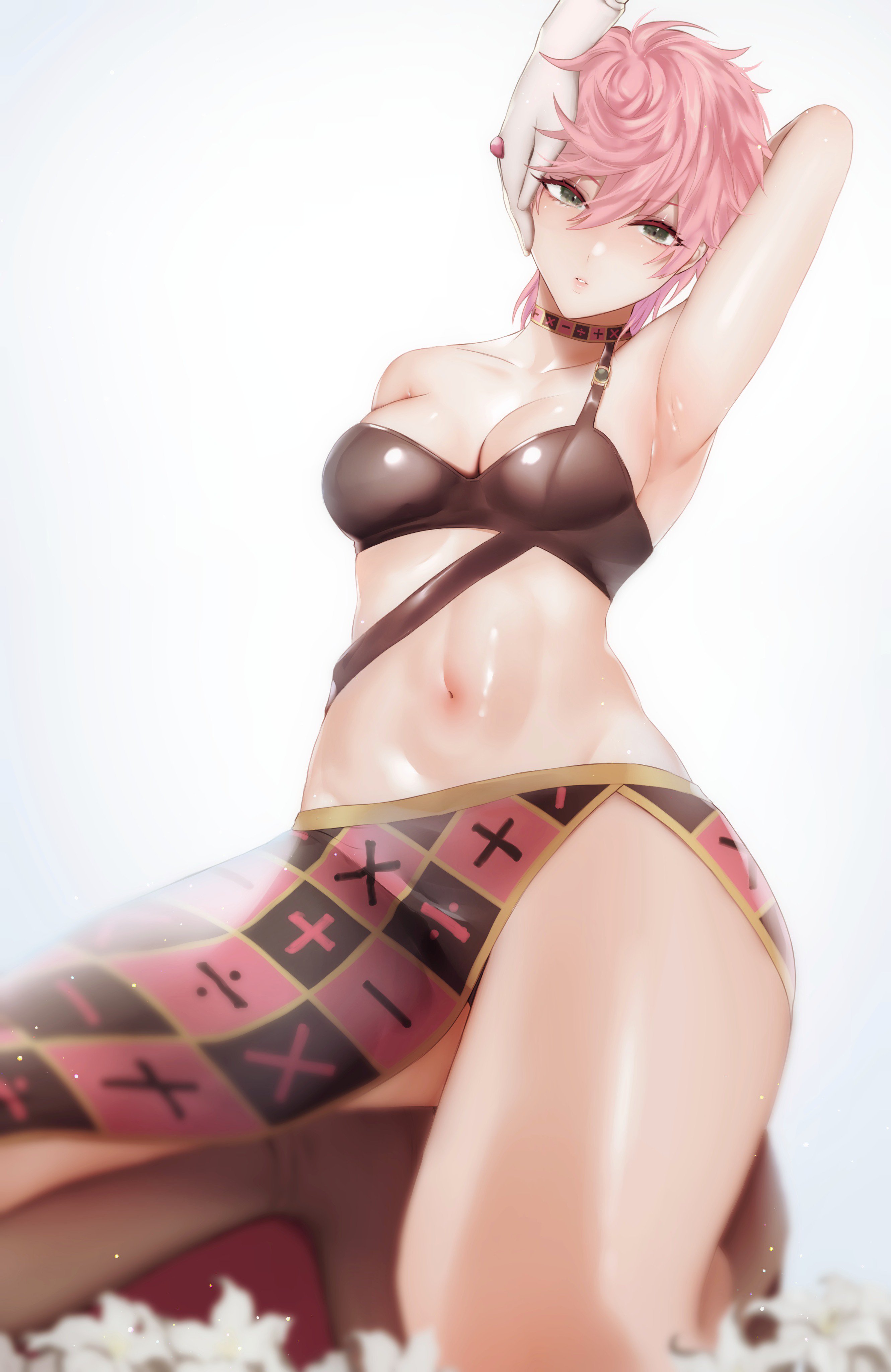 sakiryo kanna, spice girl, trish una, vento aureo, absurdres, highres, simple background, white background, 1girls, arm behind head, arm up, armpits, bangs, blush, breasts, choker, cleavage, collarbone, female, flower, green eyes, grey eyes, hair between eyes, hand on another's cheek, hand on another's face, kneeling, looking at viewer, medium breasts, midriff, navel, out of frame, parted lips, pink hair, pink skirt, short hair, skirt, solo focus, sweat, thick thighs, 