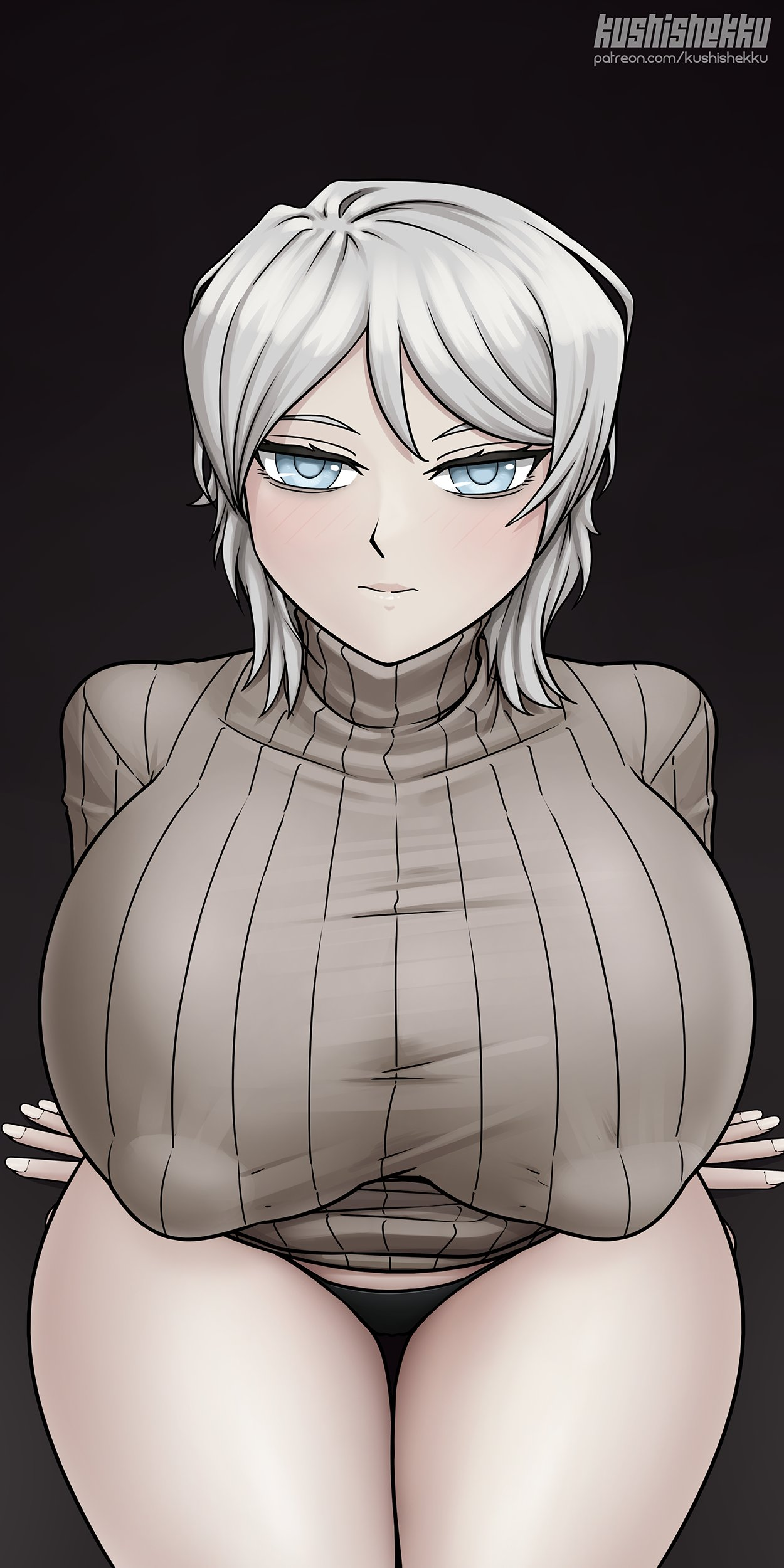 1girls big_breasts black_panties blue_eyes breasts covered_nipples faust_(limbus_company) female female_only huge_breasts kushishekku large_breasts limbus_company looking_at_viewer nipple_bulge panties project_moon short_hair simple_background sitting solo sweater thick_thighs turtleneck white_hair