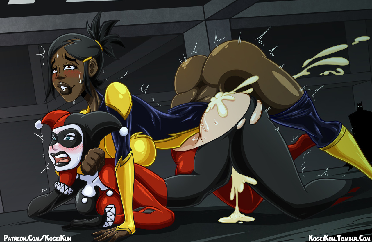kogeikun, harley quinn, thunder, batman (series), dc, dc comics, 1futa, 1girls, ass, black hair, blue eyes, blush, bodysuit, breasts, broken rape victim, brown eyes, choke hold, clothed sex, cum, cum inside, dark-skinned futanari, dark skin, defeated, ejaculation, female, fucked silly, futa on female, futanari, huge ass, implied futanari, interracial, intersex, medium hair, multiple girls, open mouth, penetration, ponytail, restrained, sex, tied hair, torn bodysuit, torn clothes, 