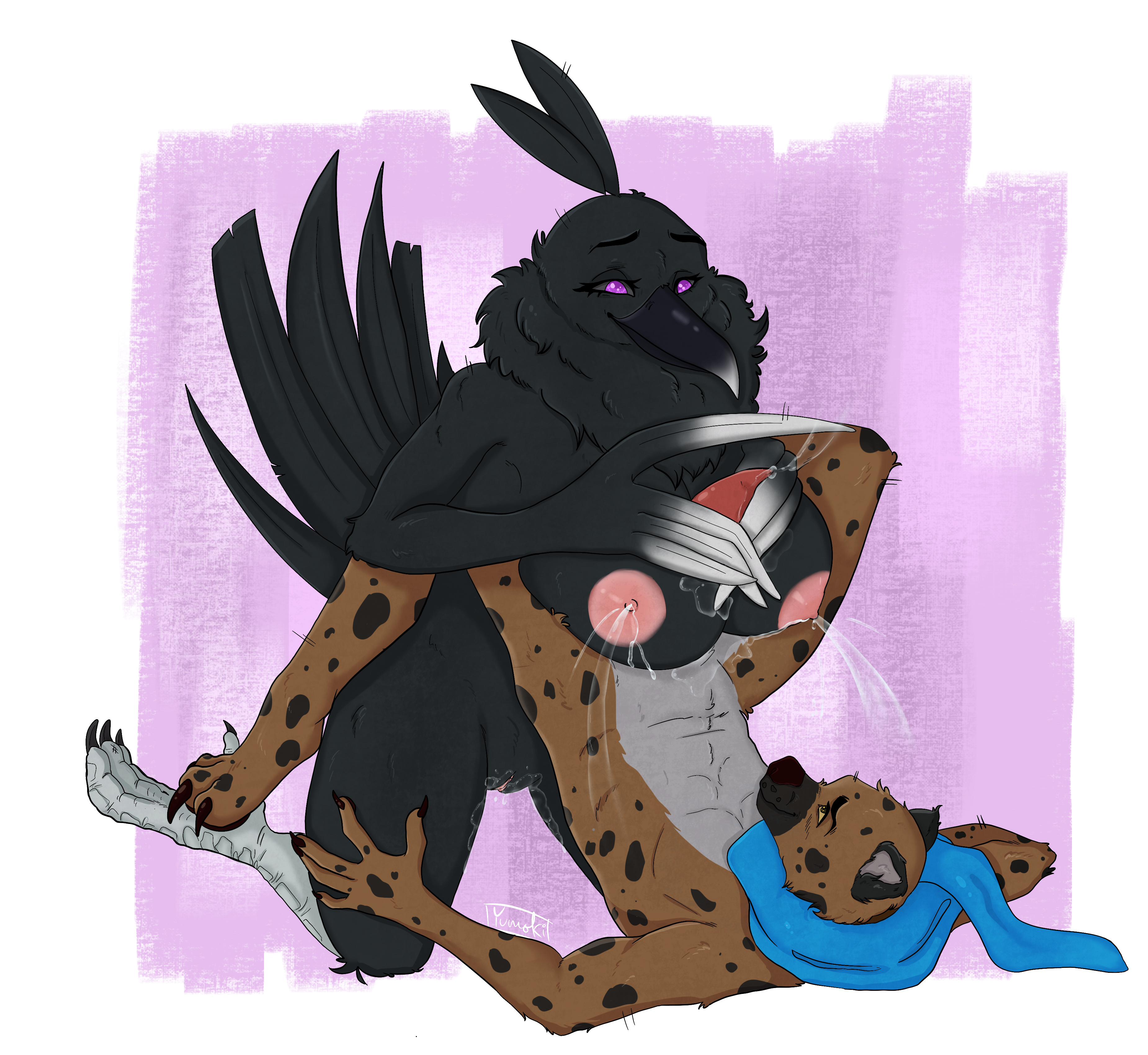 passerine, 2020, absurd res, hi res, rule 63, anthro, avian, beak, big breasts, bird, black body, black feathers, black fur, black nails, black sclera, bodily fluids, breasts, brown body, brown fur, brown pawpads, colored nails, corvid, corvus (genus), crow, cryawn, duo, eyelashes, feathers, female, fur, genital fluids, genitals, gizmo yeena, huge breasts, hyaenid, lactating, lying, male, male/female, mammal, mostly nude, mtf crossgender, nails, on back, oscine, pawpads, paws, penis, precum, purple eyes, pussy, pussy juice, romantic couple, scarf, scarf only, sex, spotted hyena, talons, titjob, white body, white feathers, yellow eyes, yellow sclera, yum0ki, 