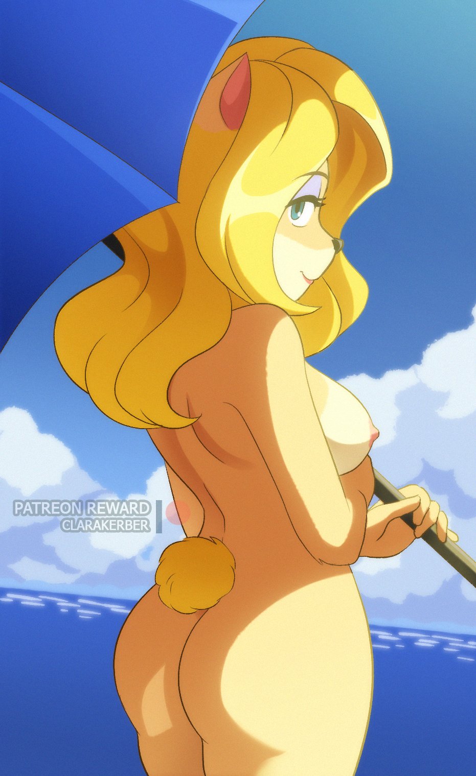isabella bandicoot, crash (series), 1girls, anthro, ass, blonde hair, clarakerber, female, female only, from behind, furry, naked, nipples, nude, parasol, 