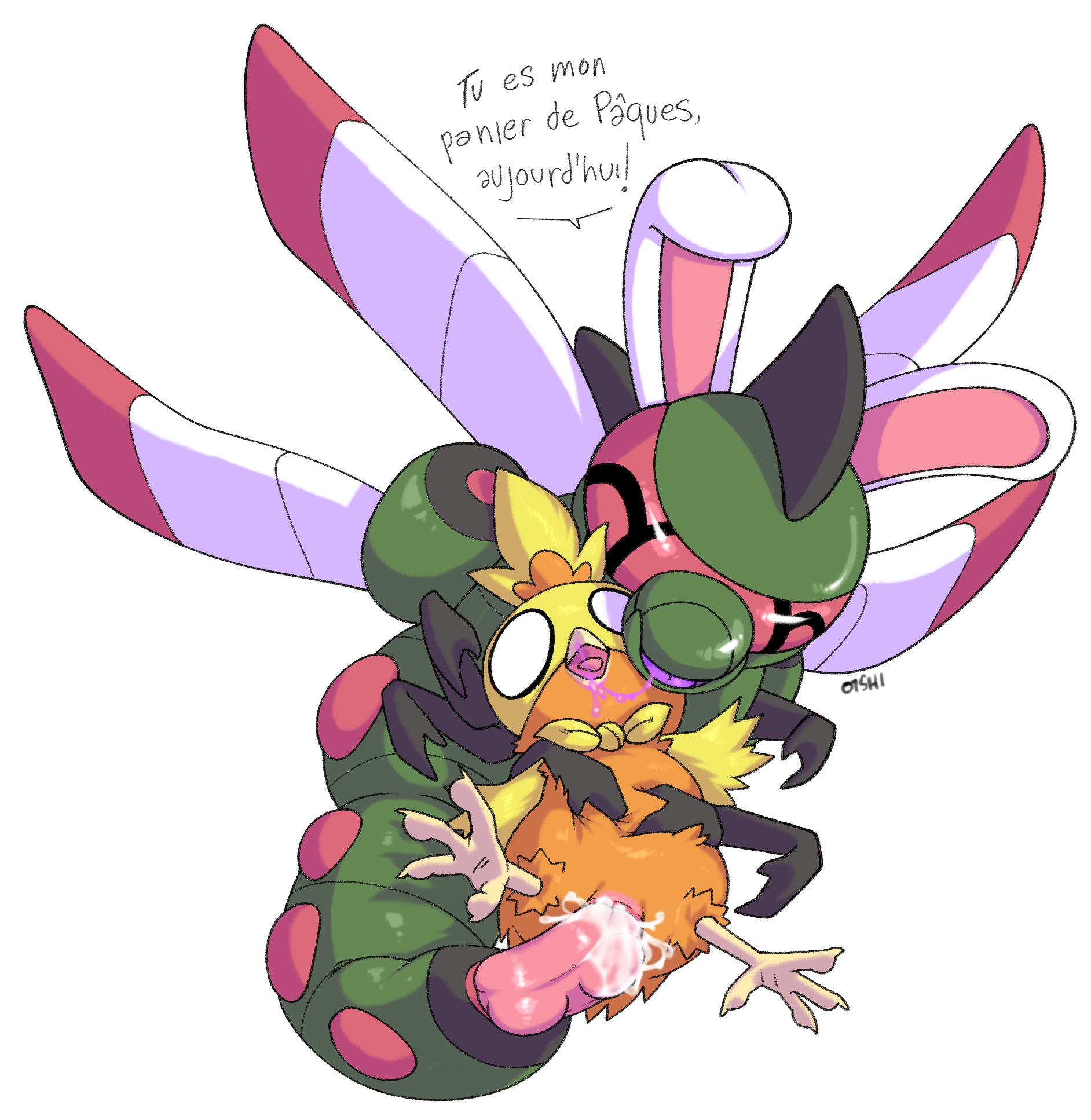 o-ishi, poison (final fight), pokemon (species), torchic, easter, holidays, nintendo, french text, hi res, text, animal genitalia, arthropod, arthropod abdomen, arthropod abdomen genitalia, beta pokemon (species), beta pokemon games, beta yanmega, bodily fluids, chic tendie, cloaca, cloacal, cloacal penetration, deazle, duo, egg, egg insertion, fake ears, fake rabbit ears, female, generation 3 pokemon, genital fluids, genitals, open mouth, oviposition, ovipositor, penetration, pokemon, questionable consent, surprised expression, 