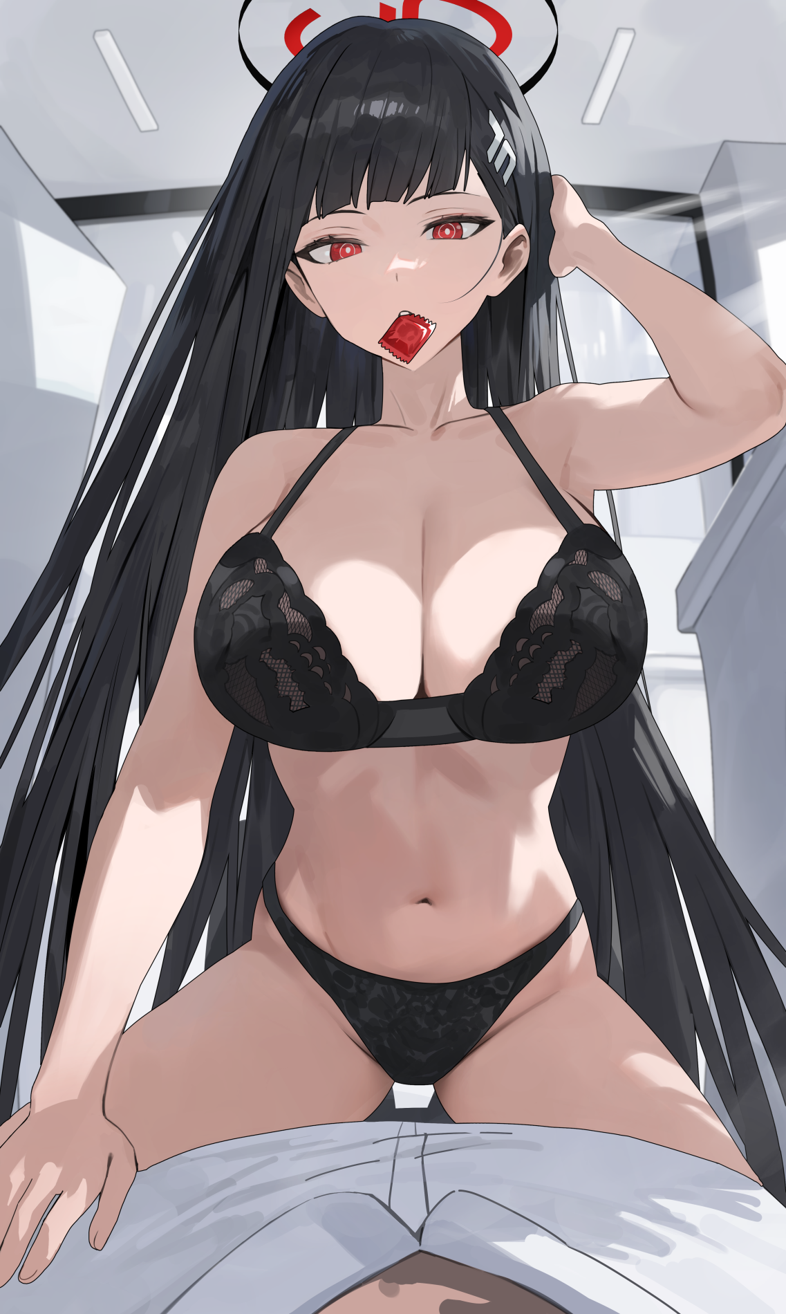 hi res, 1girls, black hair, blue archive, bra, breasts, cleavage, condom in mouth, female, hood x art, large breasts, long hair, male pov, naughty face, pov, red eyes, rio (blue archive), 