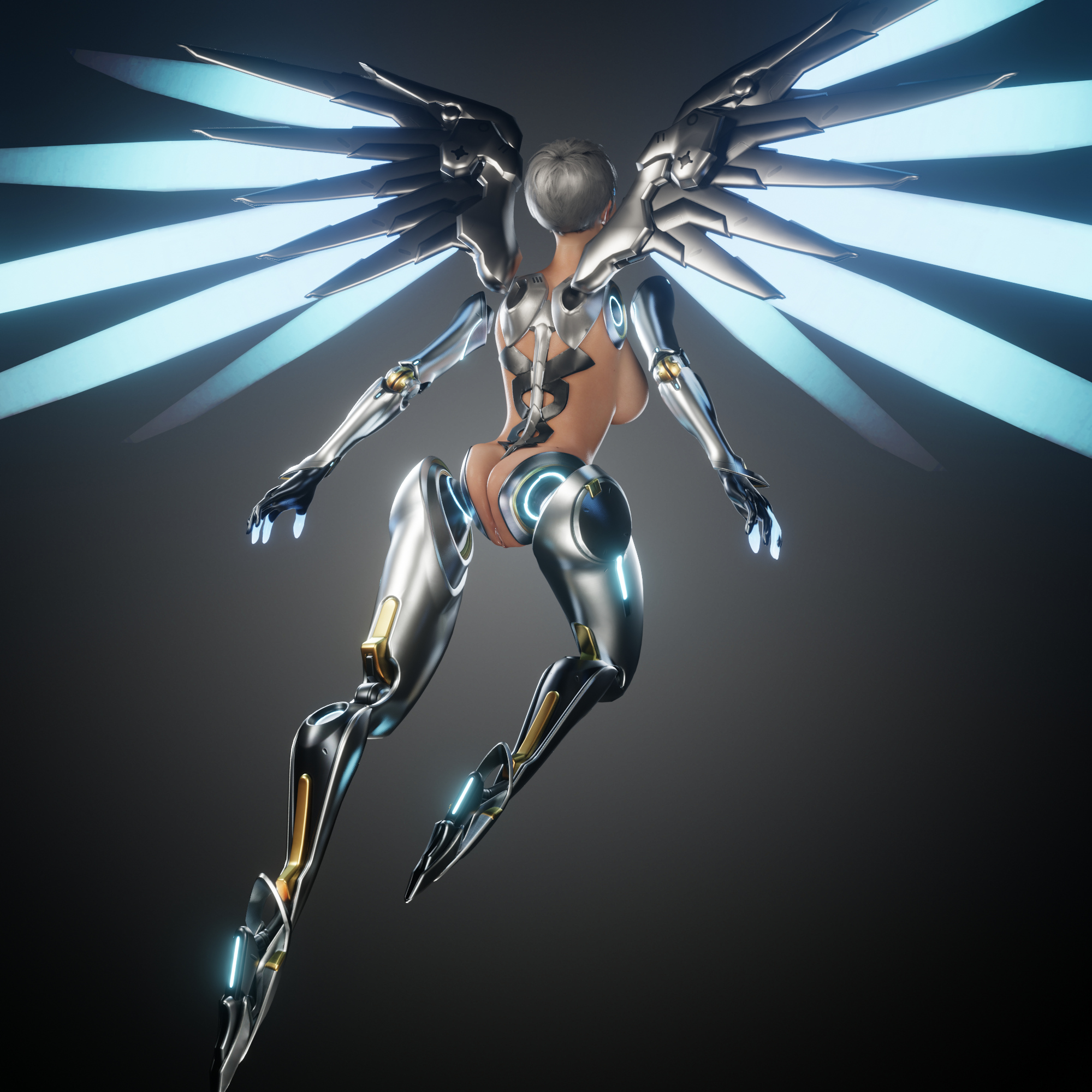 avstral, kara (detroit: become human), detroit: become human, 3d, blender, android, female, floating limbs, from behind, glowing eyes, gynoid, mechanical wings, robot girl, robotic legs, robotic limbs, solo, wings, 