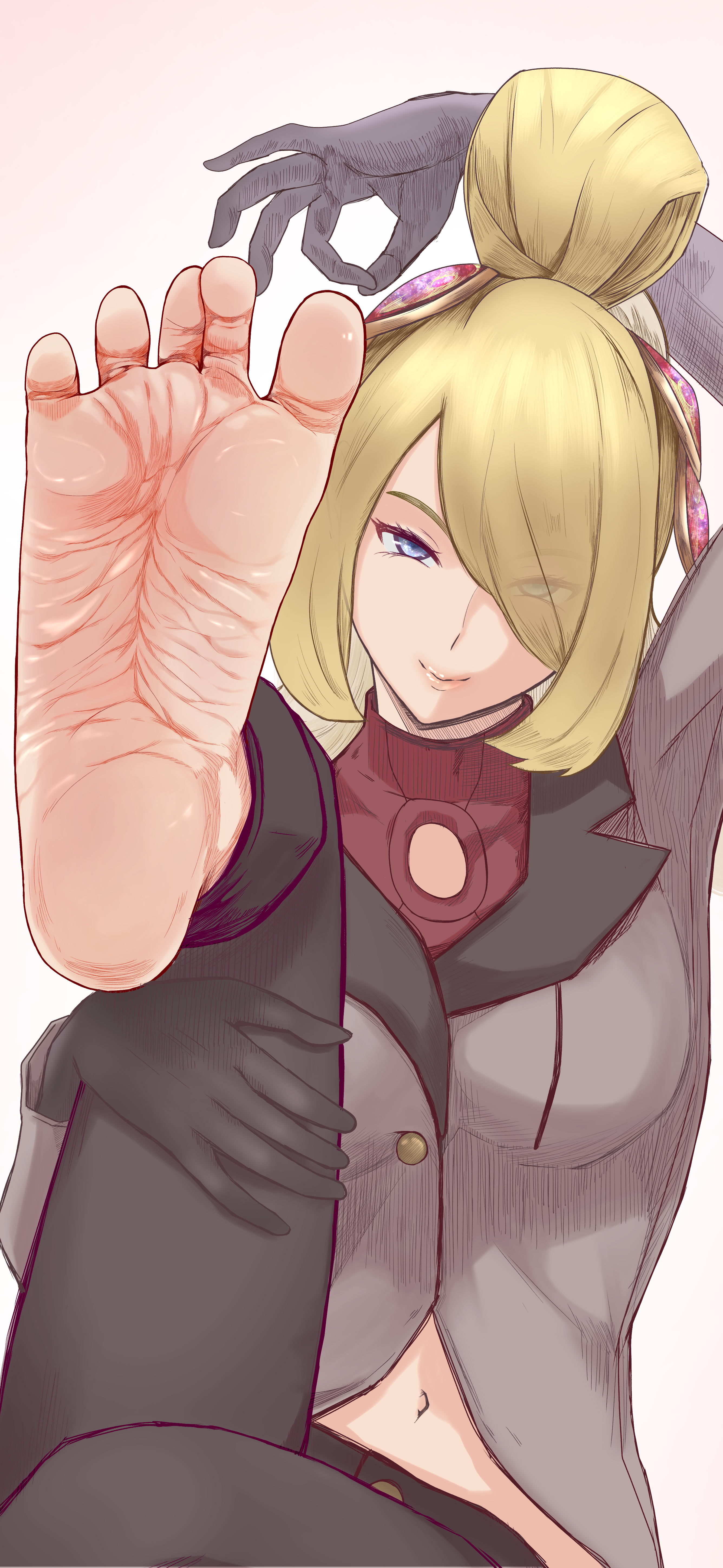 1-3-1_toes barefoot barefoot_under_trousers bio_(baio) blonde_hair cynthia_(pokemon) feet foot_fetish foot_focus fully_clothed gloves long_hair medium_breasts mommy ok_sign one_eye_covered one_leg_up pokemon presenting_feet soles toes wrinkled_feet wrinkled_soles wrinkles