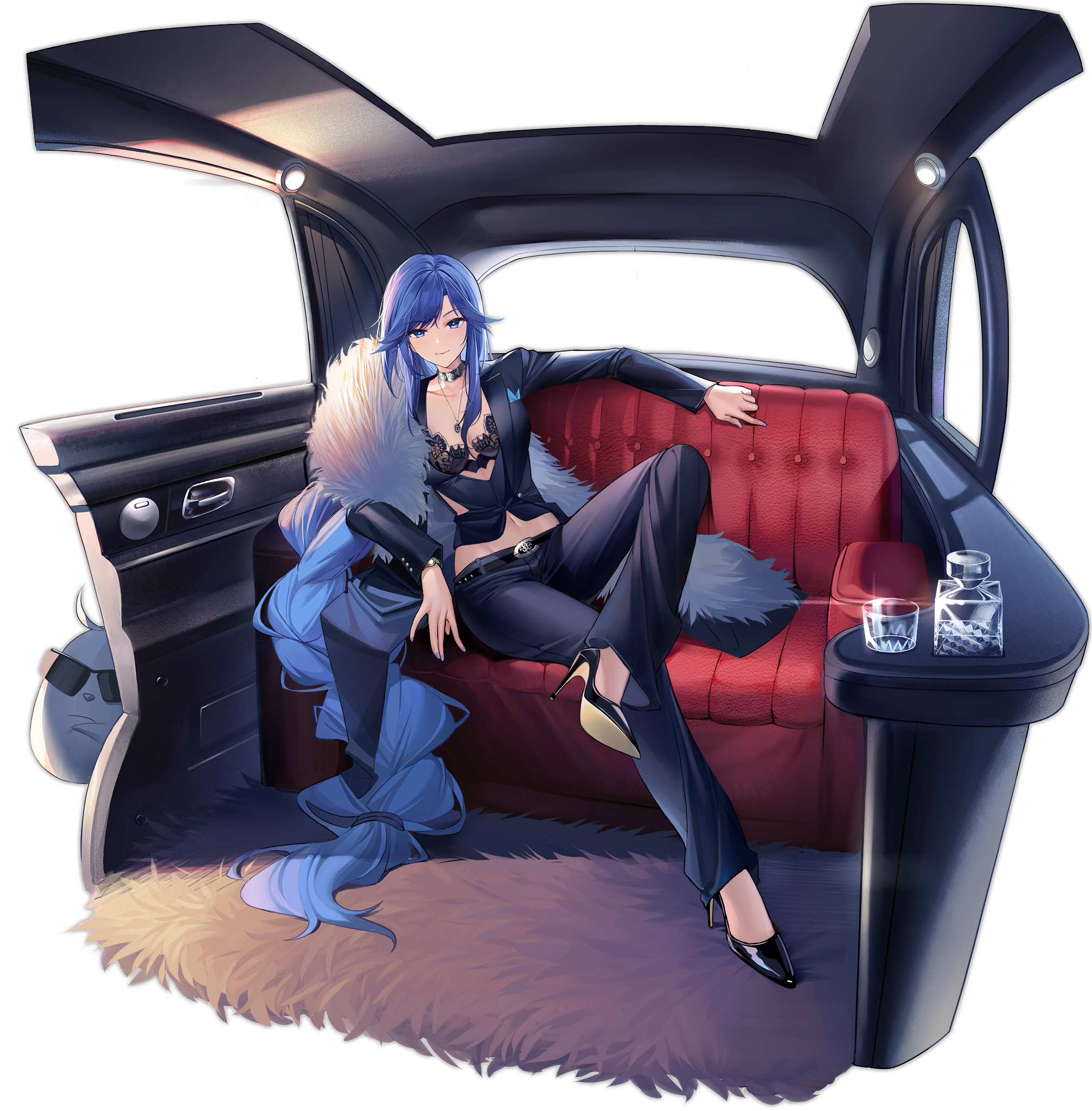 absurdly_long_hair alternate_costume azur_lane belt biloxi_(azur_lane) biloxi_(empress_in_the_silk_seat)_(azur_lane) black_background black_belt black_bra black_choker black_footwear black_jacket black_pants black_shirt blue_eyes blue_hair blue_nails blush bottle bra bracelet braid breasts car car_interior cg choker cleavage closed_mouth collarbone couch crop_top crossed_legs cup drinking_glass earrings feather_boa female formal full_body fur_scarf fur_trim high_heels jacket jewelry long_hair long_sleeves looking_at_viewer medium_breasts midriff motor_vehicle multicolored_hair nail_polish navel necklace official_alternate_costume official_art open_clothes open_jacket pants shirt sidelocks single_braid sitting smile solo speaker stomach suit sunglasses tattoo transparent_background underwear very_long_hair