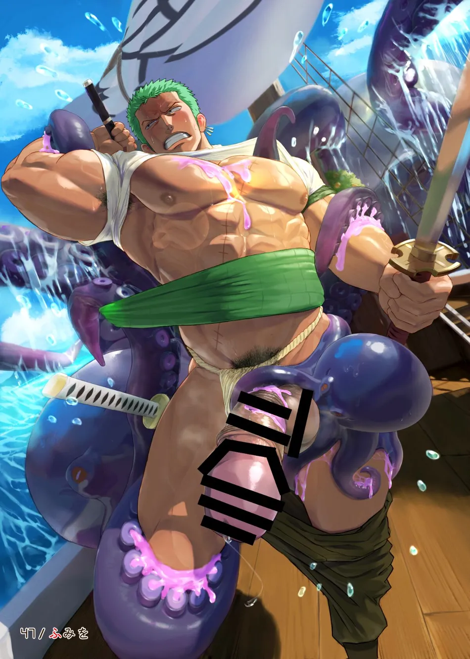 1boy abs armpit_hair balls bara biceps blush boat bondage censor_bar censored censored_balls censored_penis clothes_lift fluids fumio_(snnmfmw) fumio_(ふみを) fumiyo fundoshi fundoshi_aside gay genital_fluids grabbing grabbing_arm grabbing_legs grabbing_penis green_hair haramaki kraken male male_only muscles muscular muscular_arms muscular_male octopus one_piece pecs penis precum pubic_hair rokushaku_fundoshi roronoa_zoro scar scar_on_chest short_hair struggling sweat sweatdrop sweating sweaty tentacle white_fundoshi yaoi