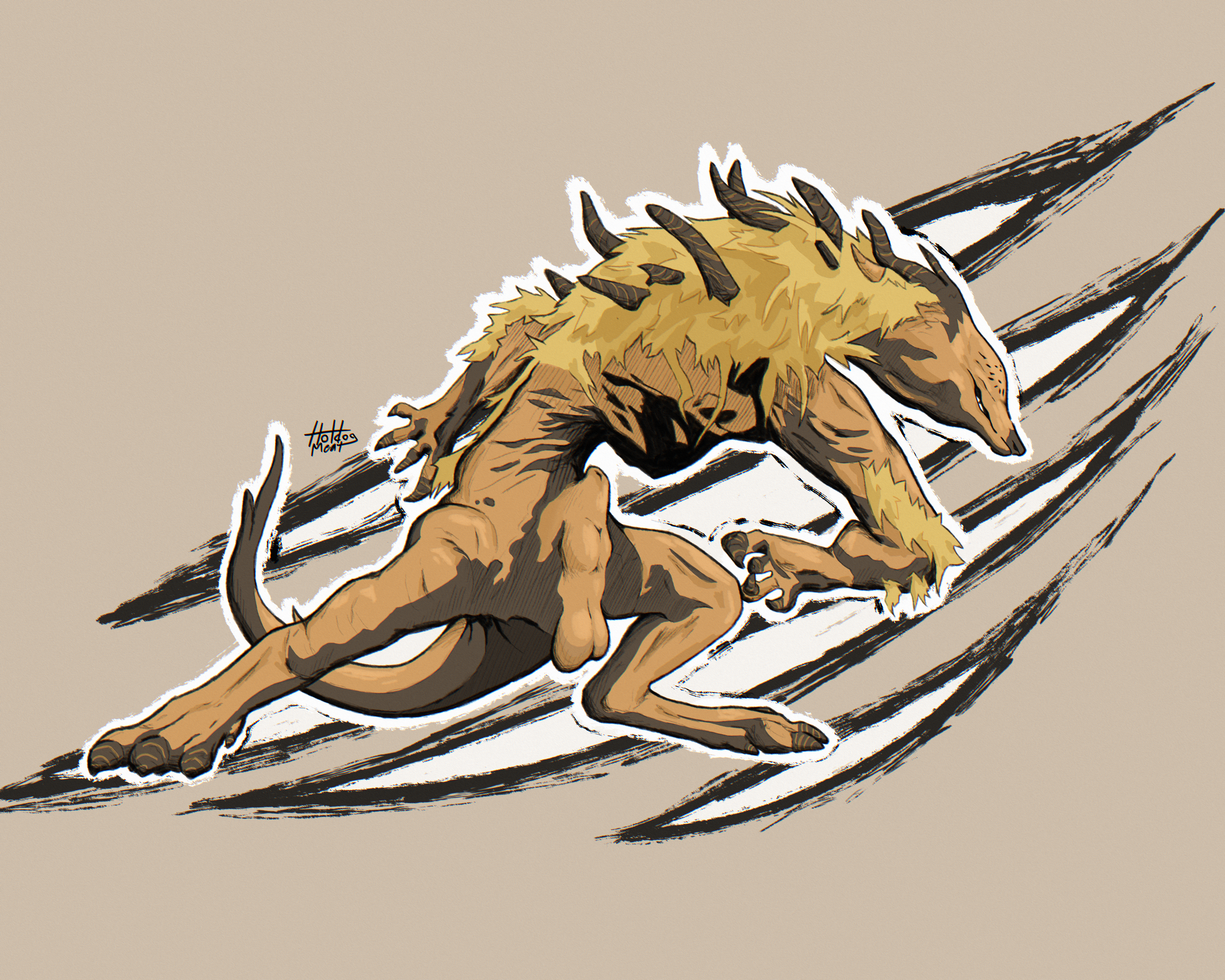 2025 absurd_res action_pose animal_genitalia arm_tuft balls claws digital_media_(artwork) digitigrade elden_ring_nightreign executor_(nightreign) eyeless feral fromsoftware genitals grin hi_res horn hotdogmeat huge_filesize hunched_over male mane markings monster orange_body outline pose primordial_beast sheath simple_background smile snout solo standing tail toony tuft white_outline