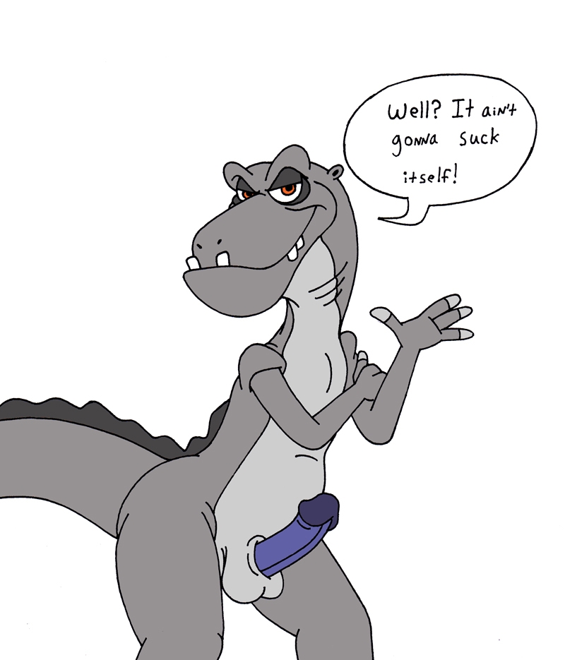 kooshmeister, hyp, the land before time, english text, text, white background, 1boy, blue penis, dinosaur, erection, male, male only, penis, solo, 