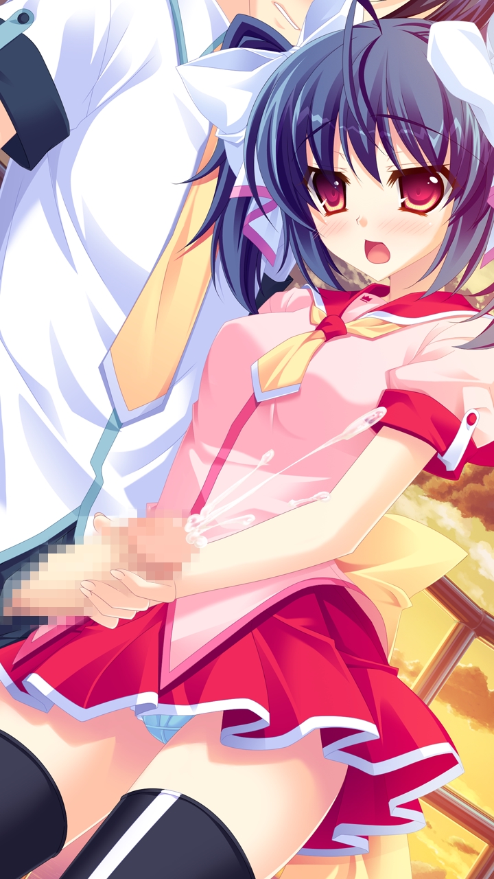 hasegawa yukino, iinazuke wa imouto-sama!, censored, game cg, blue hair, blush, female, penis, red eyes, thighhighs, tied hair, twintails, underwear, uniform, usami yuuna, 