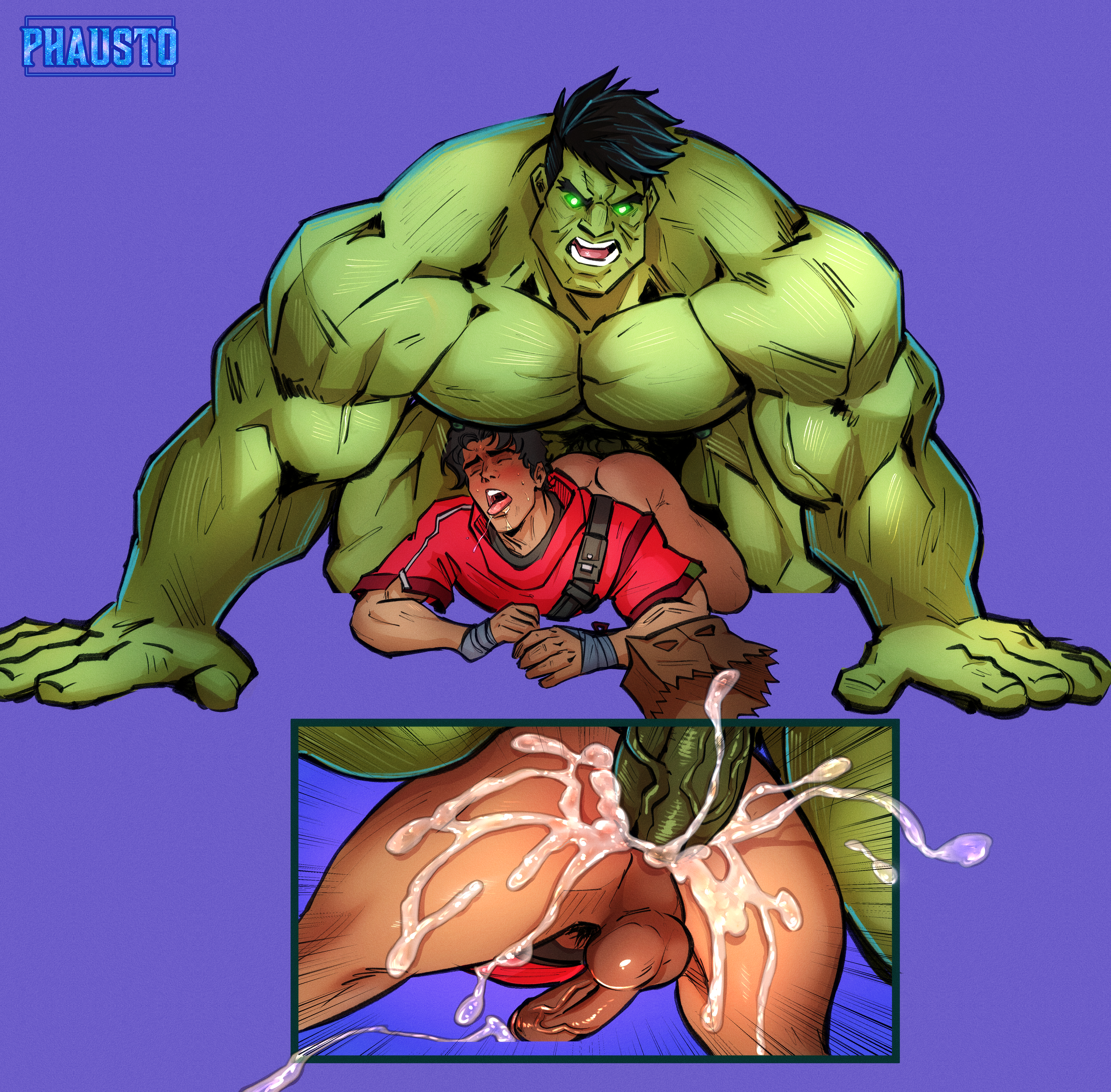 phausto, bruce banner, hulk, peter parker, spider-man, hulk (series), marvel, marvel comics, spider-man (series), anal, anal sex, ass, balls, bara, big balls, big penis, cum, dominant male, erection, gay anal, gay domination, gay sex, genital fluids, green-skinned male, green body, green skin, male, male only, male penetrated, male penetrating male, manly, marvel rivals, muscular, muscular male, nude, orgasm, penetration, penis, sex, 