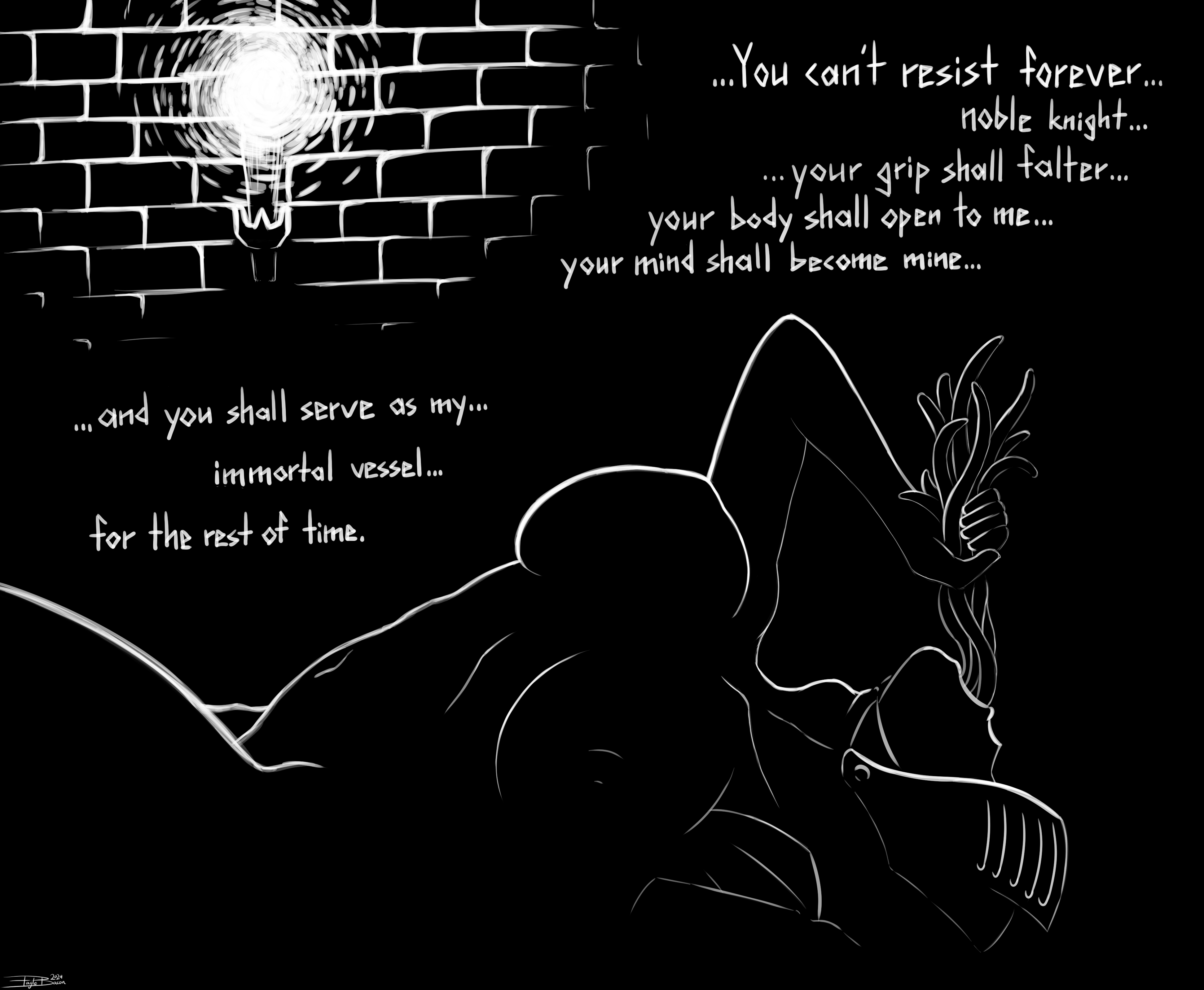 1girls 2024 big_breasts black_and_white body_invasion breasts breasts_out dark_background defeat defeated defeated_heroine dungeon eagle_bacon fantasy female female_knight high_contrast knight knight_helmet large_breasts laying_on_back midriff nipples open_mouth oral oral_invasion oral_possession parasite penetration possessed possession resisting self_upload side_view take-over-tober take_over takeover tentacle tentacle_grab