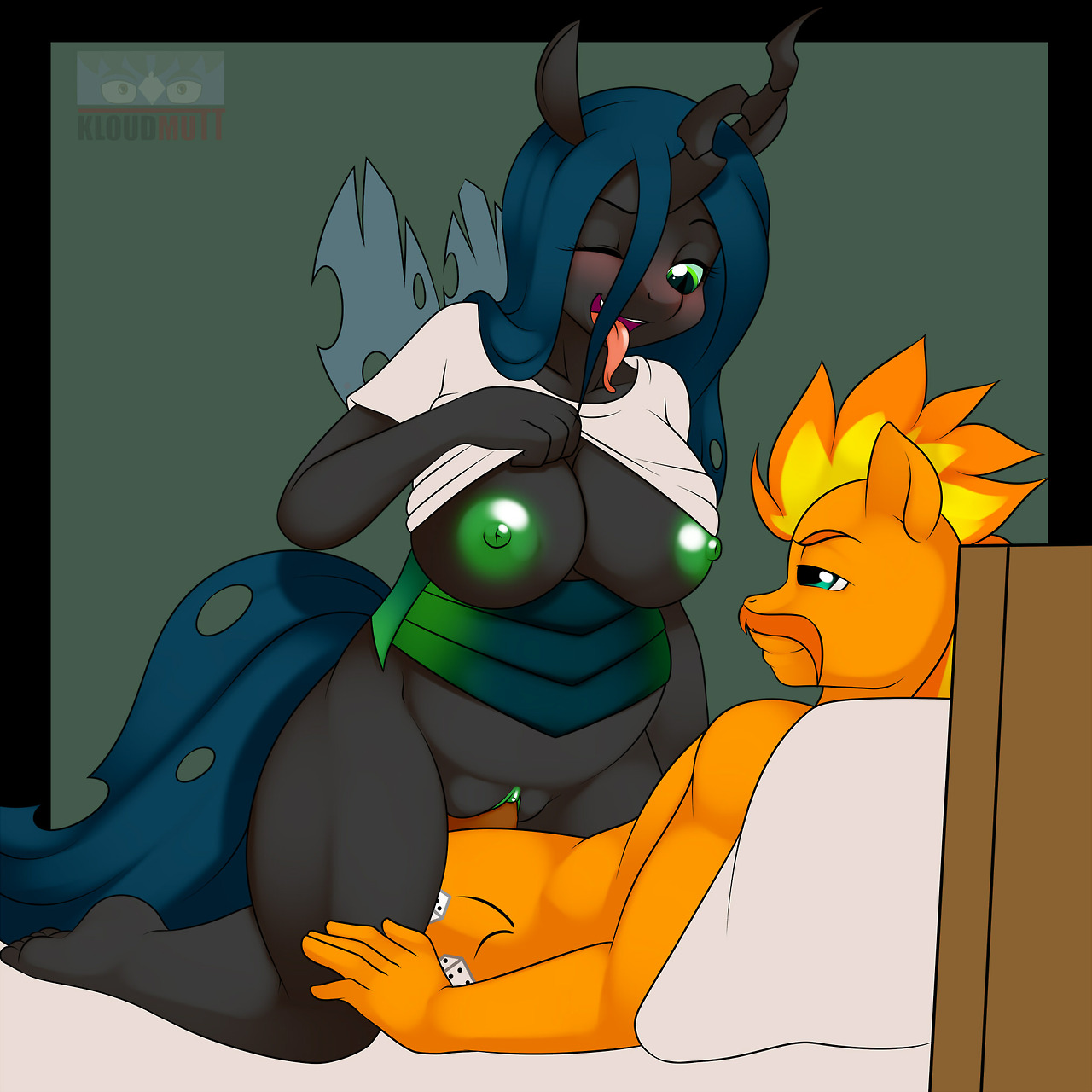 kloudmutt, queen chrysalis (mlp), friendship is magic, my little pony, alicorn, anthro, blush, breasts, clothing, cowgirl position, cutie mark, equine, female, green eyes, hair, horn, horse, male, multi-colored hair, nipples, penetration, pony, pussy, sex, straight, tongue, tongue out, vaginal penetration, wings, 