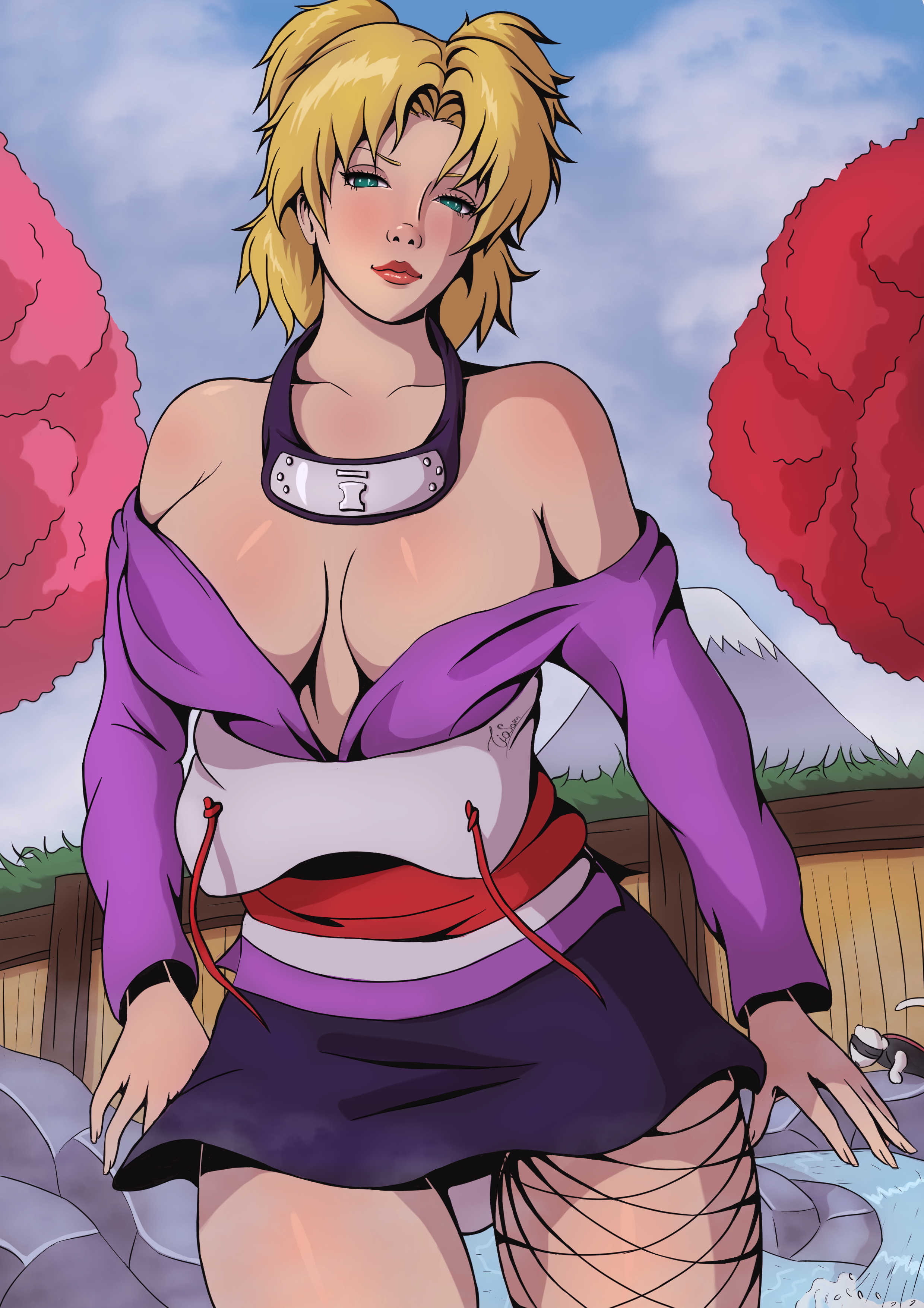 temari, naruto, naruto (series), naruto shippuden, shounen jump, 1girl, 1girls, bare shoulders, blonde hair, blue eyes, breasts, cleavage, clothed, clothed female, fishnet legwear, forehead protector, green eyes, hot spring, lipstick, long hair, looking at viewer, naruto (classic), no bra, off shoulder, onsen, quad tails, shirt, skirt, solo, solo focus, tied hair, tiosam, vest, 