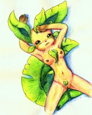 simplepale, leafeon, nintendo, color, tagme, anthro, breasts, female, female only, fur, furry, green eyes, lying, nipples, nude, on back, pokemon, solo, vulva, 