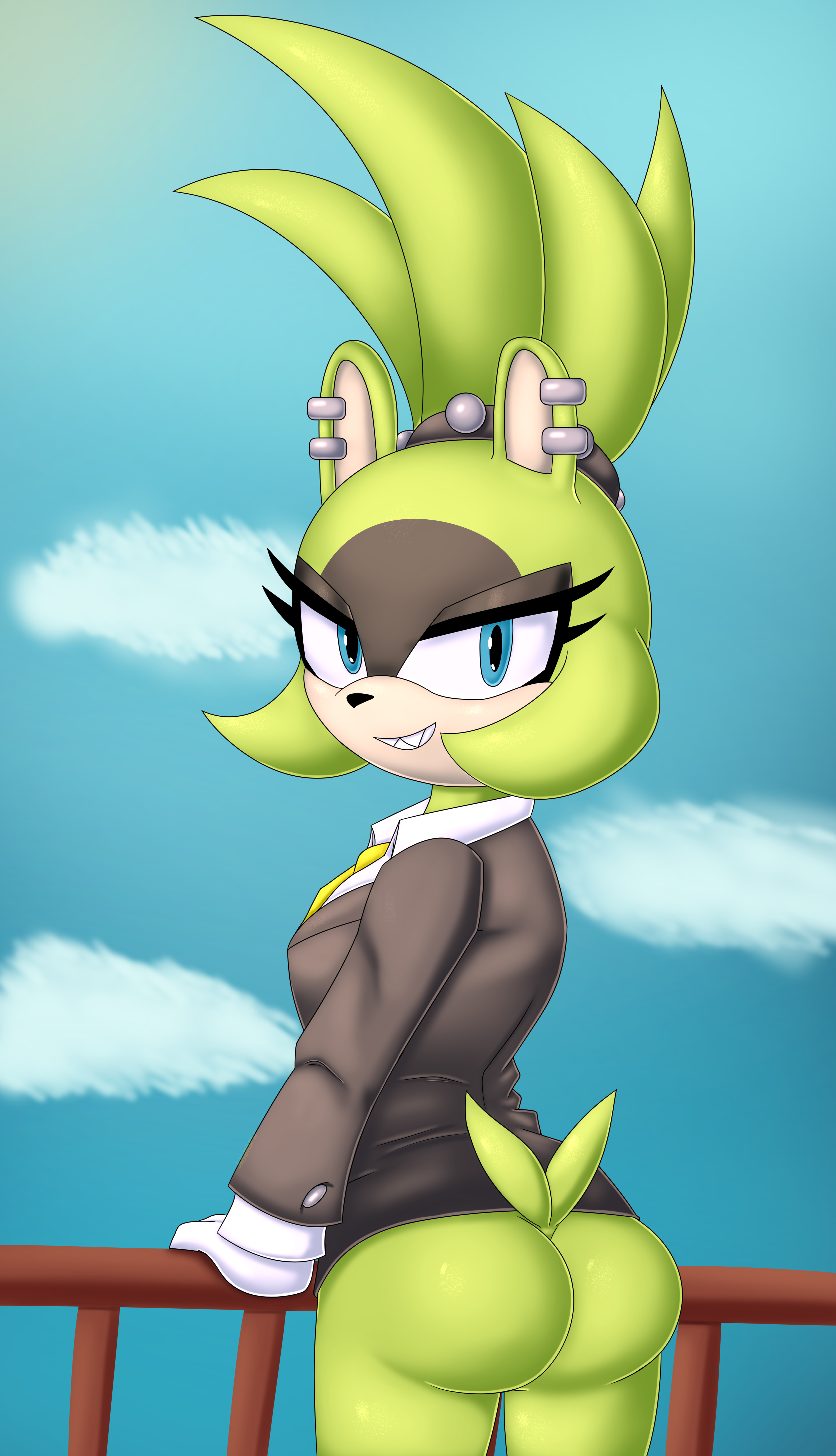 sega, sonic (series), sonic the hedgehog (idw), sonic the hedgehog (series), ass, ass focus, bottomless, butt focus, female, gloves, grin, hair up, jakel009, looking at viewer, looking back, mobian (species), partially clothed, partially clothed female, piercing, railing, sharp teeth, sky, smile, solo, solo female, solo focus, standing, suit, suit and tie, surge the tenrec, tail, tenrec, turning head, 