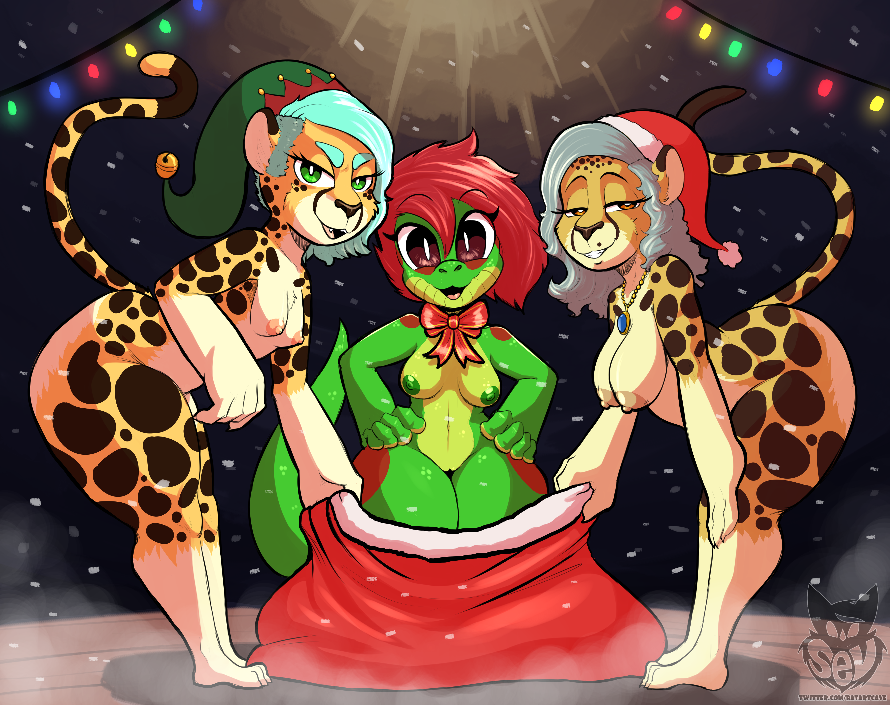 batartcave, amber (pelao0o), jade (pelao0o), christmas, holidays, 2019, absurd res, hi res, alissa (batartcave), anthro, areola, black spots, breast size difference, breasts, cheetah, clothing, daughter, felid, feline, female, fur, gecko, green areola, green eyes, green nipples, group, hair, hat, hat only, headgear, headwear, lizard, looking at viewer, mammal, mostly nude, mother, mother and child, mother and daughter, multicolored body, multicolored fur, nipples, open mouth, parent, parent and child, pussy, reptile, santa hat, scalie, spots, tongue, 