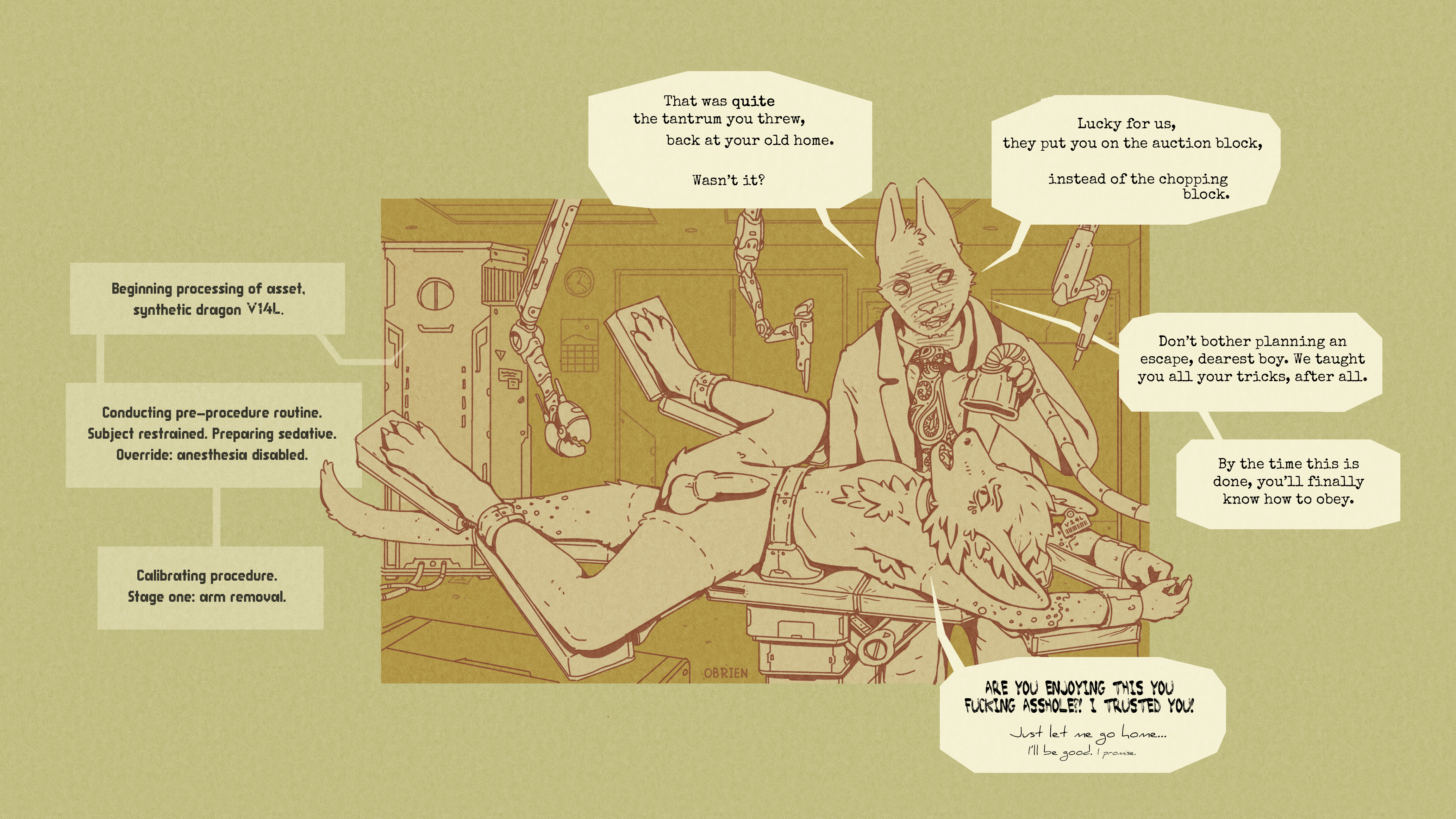 2024 absurd_res angry animal_butchery_diagram animal_genitalia animal_penis ankle_restraint anthro armpit_hair armpit_tuft arms_above_head artificial_intelligence betrayal biped body_hair body_writing bound calendar_(object) canine_genitalia canine_penis cheek_tuft chest_tuft clamp claws clock clothed clothed/nude clothing coat computer detailed_background dialogue_outside_panel domestic_cat dragon duo ear_piercing ear_tag electronics english_text erection exam_table examination_room facial_markings facial_tuft feet felid feline felis finger_claws fur furred_dragon furred_scalie genitals hair head_markings hi_res imminent_amputation imminent_danger inner_ear_fluff knot knotted_penis labcoat legs_tied machine male male_anthro male_only mammal markings mask meat_lines mechanical_arm medical medical_instrument medical_table monochrome mythological_creature mythological_scalie mythology neck_restraint necktie nude obrien_(artist) open_mouth outside_panel oxygen_mask paisley_pattern penis piercing punishment restrained_arms restrained_legs restraints scalie science_fiction scientific_instrument sedative shaded_face slave speech_bubble spots spotted_markings spread_legs spreading stirrups suit suit_jacket surgical_instrument surgical_operation syringe tail tear_(marking) text toe_claws topwear torso_restraint torso_tied trafficking tuft unknown_character vial_furglitch wrist_restraint