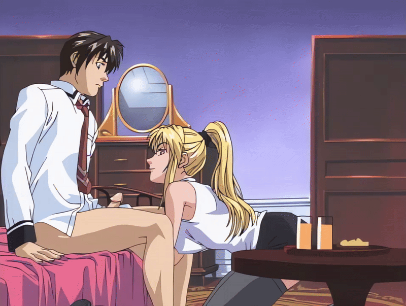 00s 1boy 1girls 2001 animated assertive_female bed bedroom bible_black bible_black_night_of_the_walpulgiss blonde_hair bottomless breasts brown_hair drink female green_eyes handjob highres kneeling large_breasts legs long_hair looking_at_another minase_taki mirror naughty_face necktie penis penis_grab ponytail purple_eyes saeki_kaori school_uniform short_hair skirt sleeveless smile straight tagme thighhighs thighs