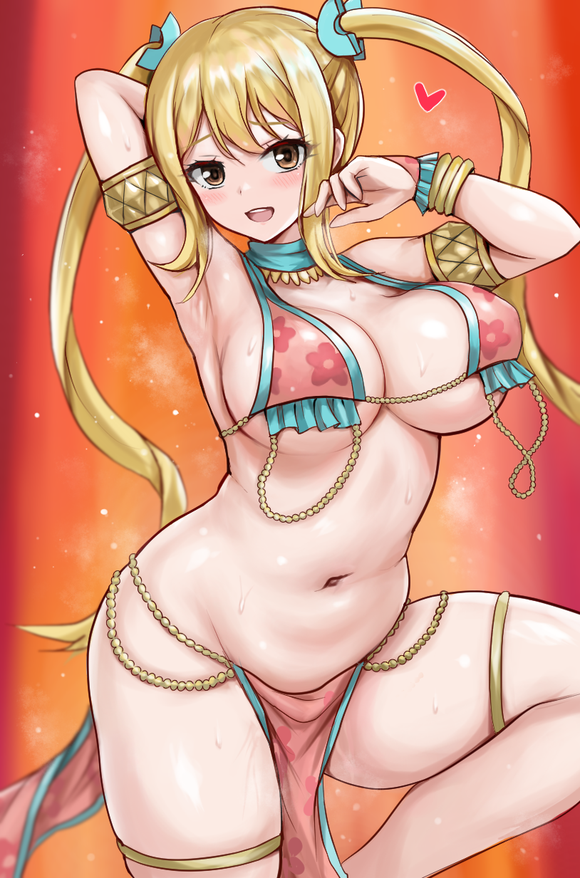 1girls bare_shoulders belly_dancer belly_dancer_outfit blonde-haired_female blonde_hair breasts brown_eyes cleavage dancer dancer_outfit fairy_tail female gold_trim harem_girl harem_outfit highres jewelry large_breasts loincloth long_hair looking_at_viewer lucy_heartfilia lucy_heartfilia_(belly_dancer) navel open_mouth pelvic_curtain r-binon smile solo