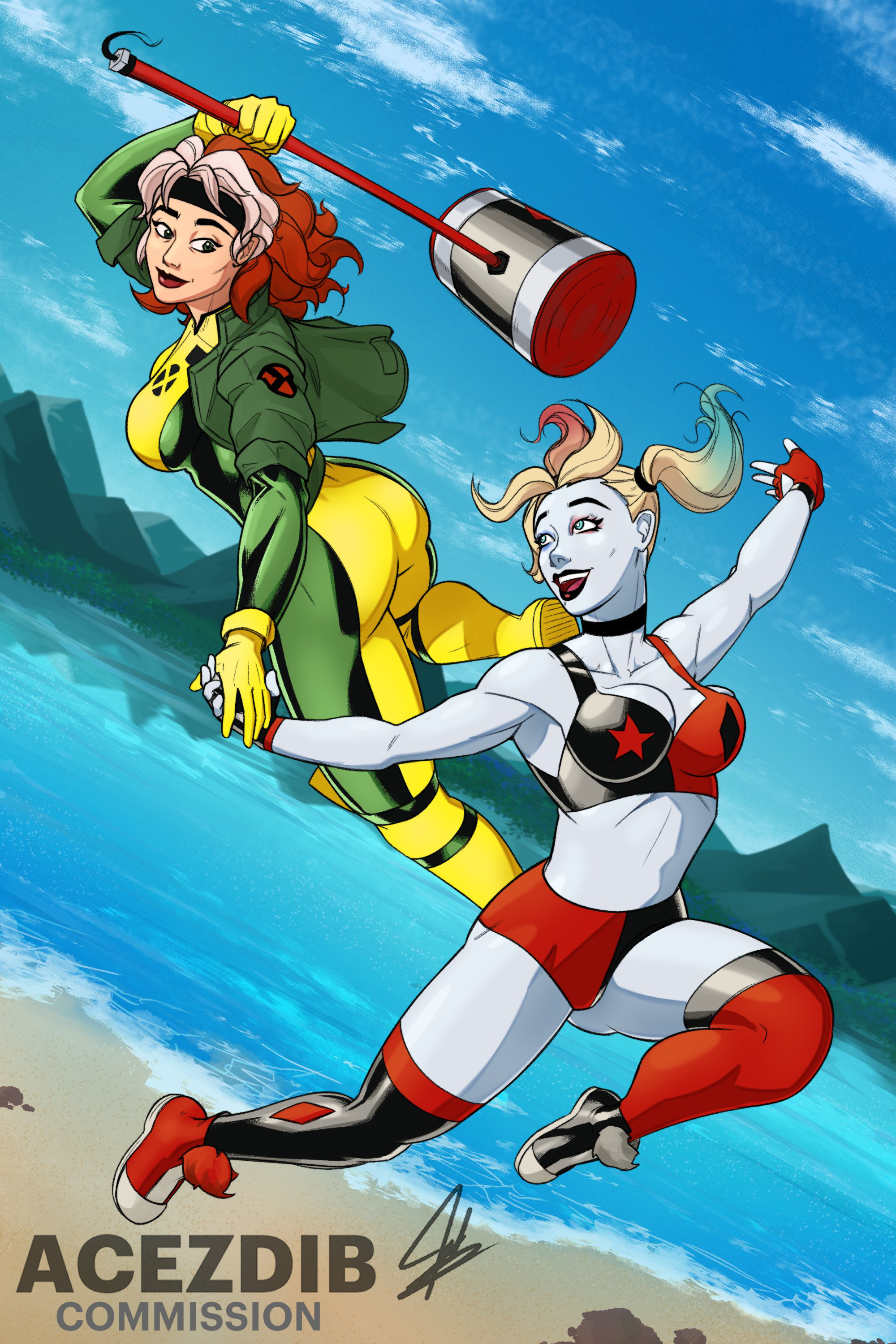 2girls acezdib ass batman_(series) bikini blonde_hair breasts curvy dc dc_comics dc_vs._marvel female harley_quinn large_ass large_breasts latex latex_suit makeup mallet marvel marvel_comics pale_skin red_hair rogue_(x-men) shoes skintight skintight_bodysuit white_hair white_streak x-men