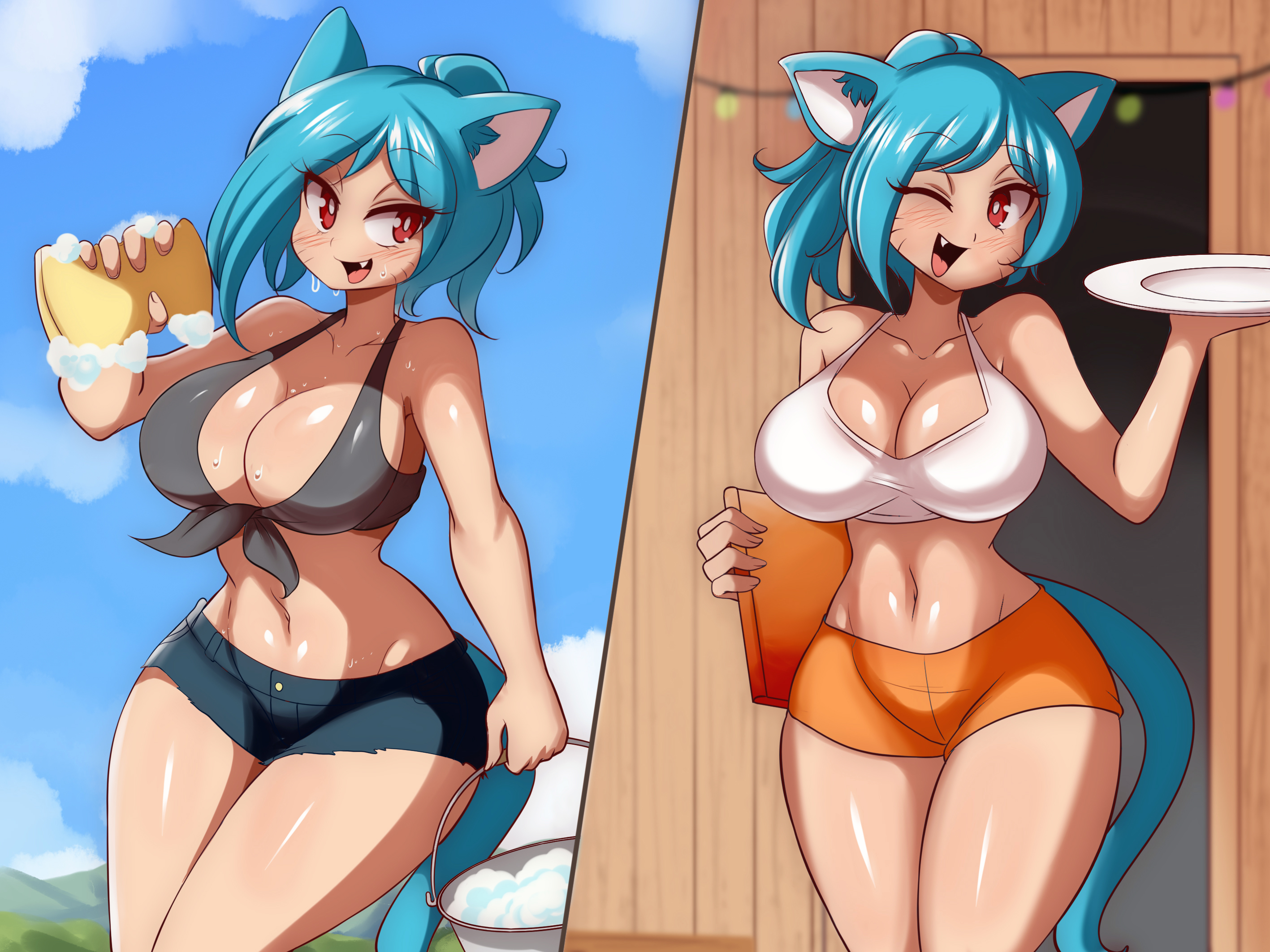 lucyfercomic, nicole watterson, cartoon network, hooters, the amazing world of gumball, 2022, big breasts, blue hair, cat ears, cat tail, catgirl, cleavage, hooters uniform, milf, nicole watterson (human), red eyes, thick thighs, thighs, 