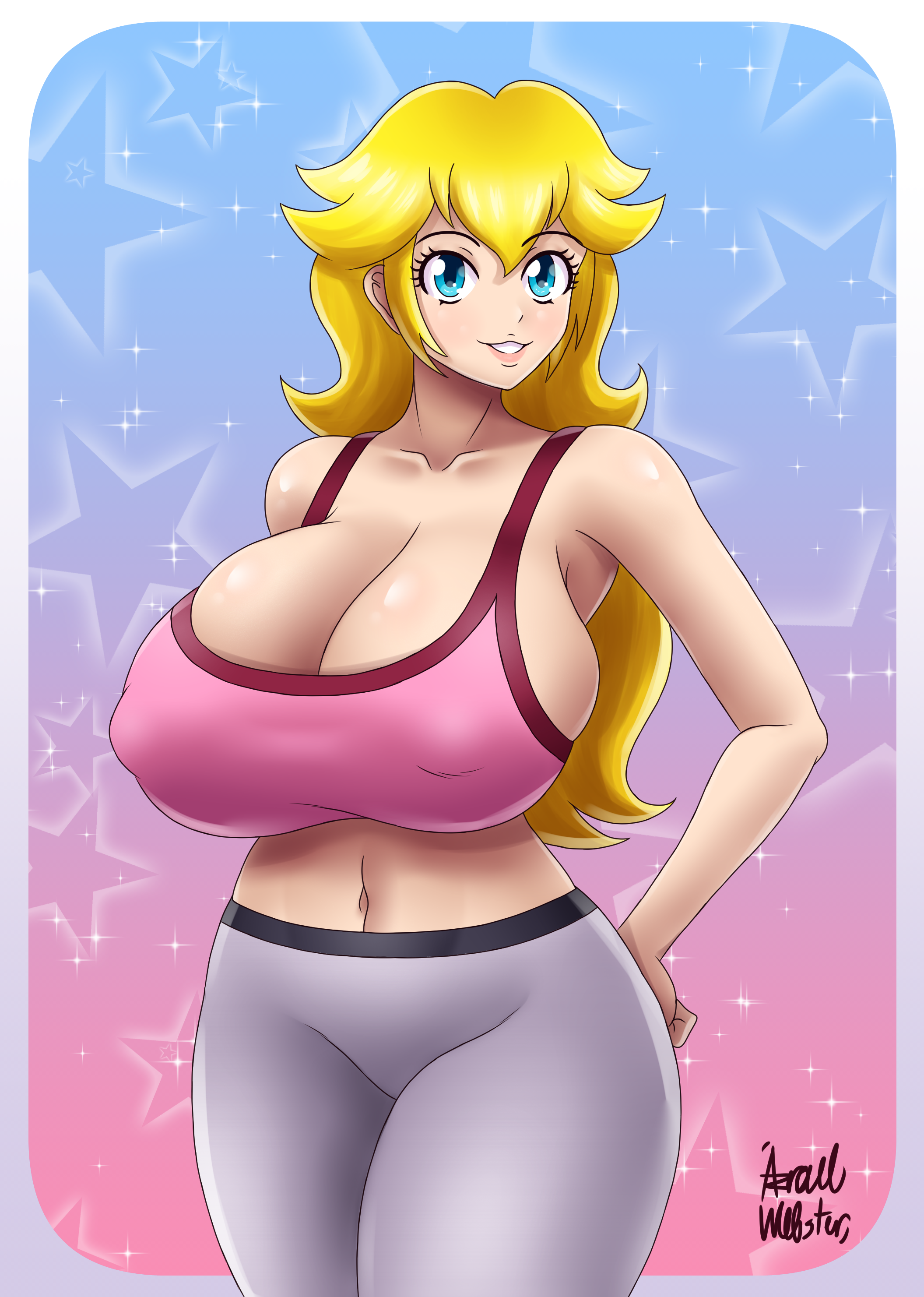 princess peach, mario (series), nintendo, super mario bros., artist signature, hi res, 1girls, 2022, azraelwebster, blonde hair, blue eyes, breasts, cleavage, female, female only, hips, huge breasts, long hair, looking at viewer, princess, royalty, smile, sports bra, sportswear, thick thighs, thighs, very long hair, wide hips, yoga pants, 