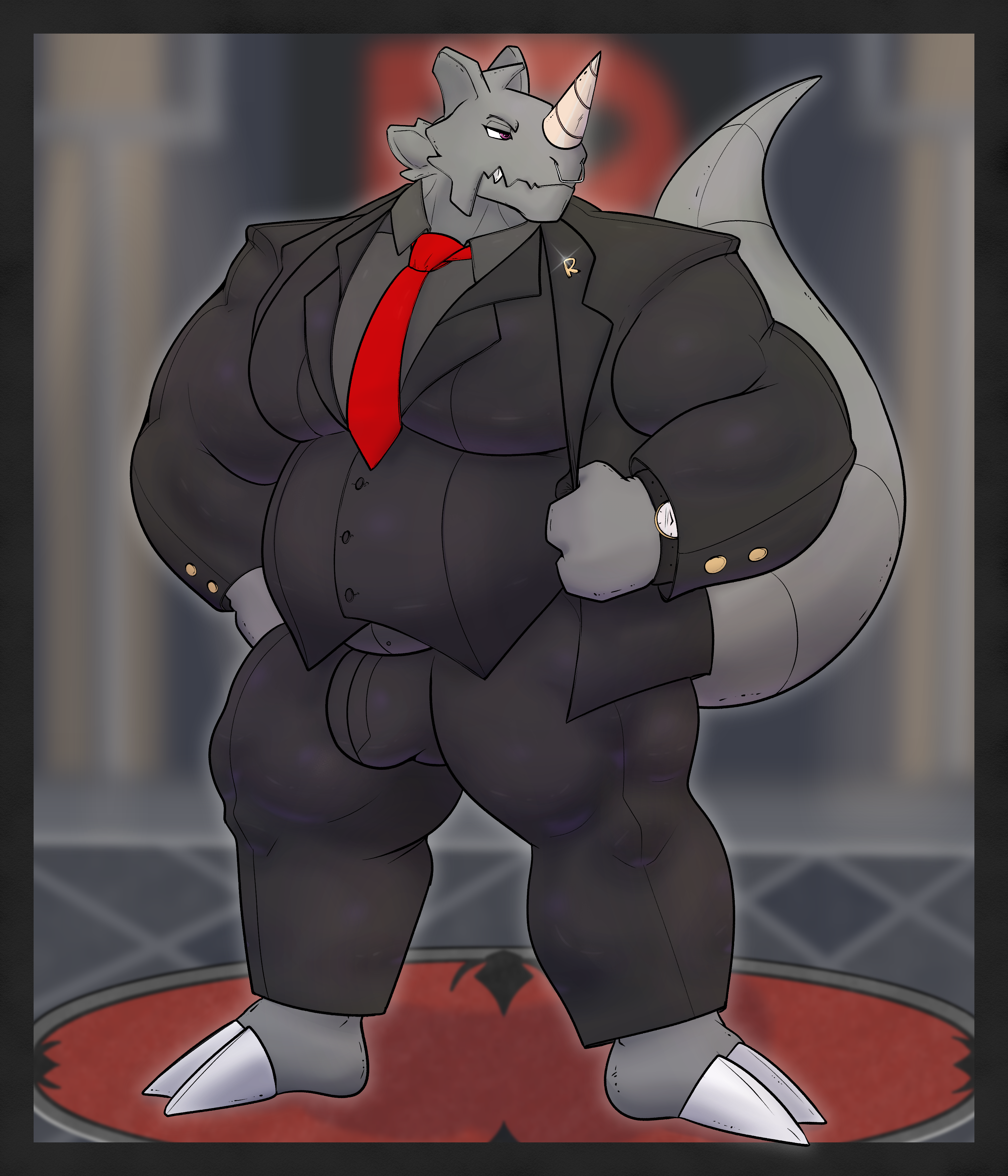 2024 absurd_res anthro belly biceps big_belly big_muscles biped bottomwear bulge clock clothed clothing detailed_bulge digital_media_(artwork) dress_shirt facial_piercing front_view generation_1_pokemon grey_body grey_skin hector_(sophymn) hi_res horn huge_muscles lapel_pin male mammal musclegut muscles muscular muscular_anthro muscular_male necktie nintendo nose_piercing nose_ring overweight overweight_male pants pecs piercing pokemon pokemon_(species) rhinoceros rhydon ring_piercing scalie seaserpenttailor shirt simple_background slacks slightly_chubby solo standing suit suit_jacket tail team_rocket teeth topwear vest watch wristwatch