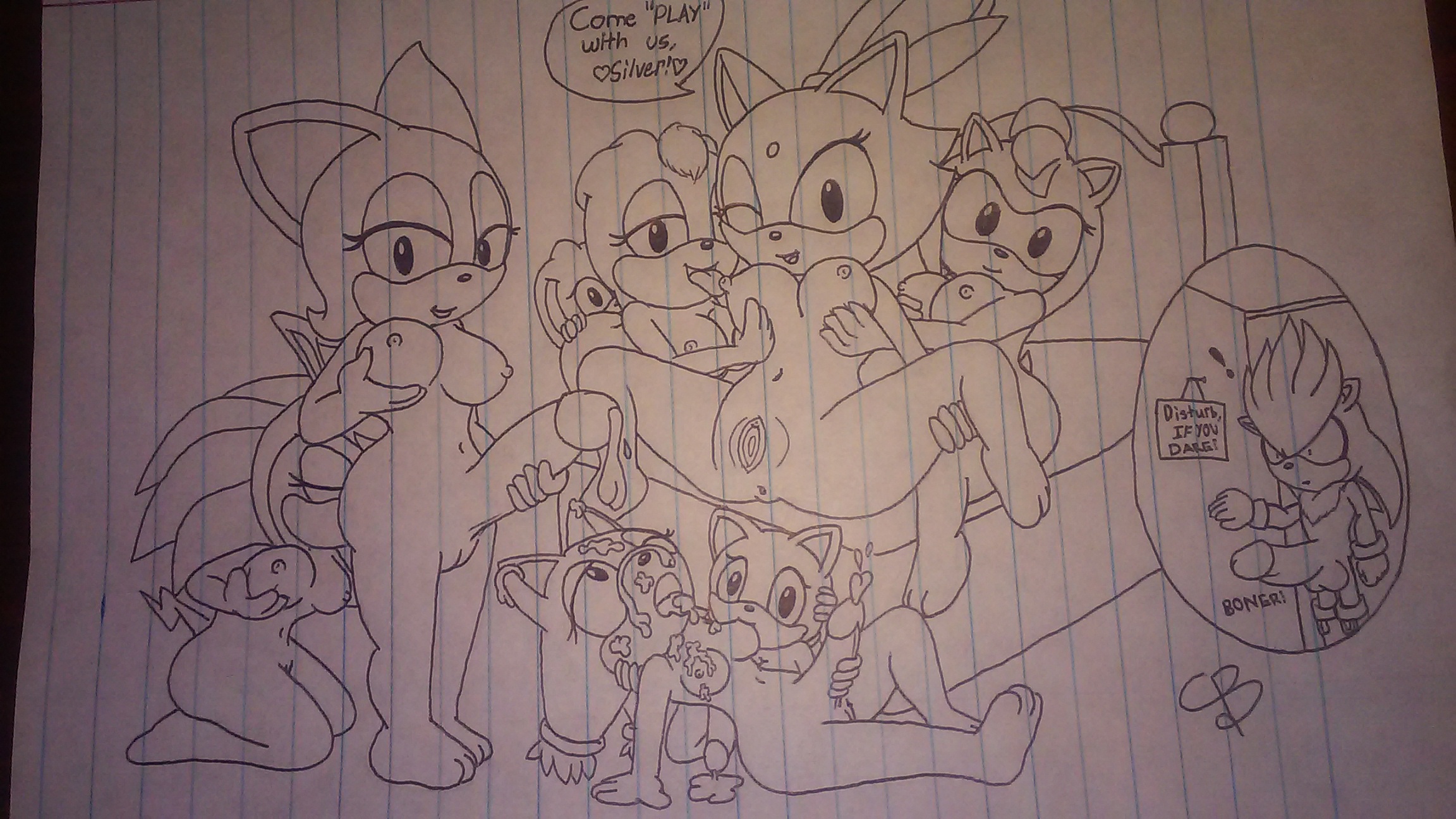 amy rose, blaze the cat, cream the rabbit, marine the raccoon, rouge the bat, shade the echidna, silver the hedgehog, sticks the badger, sticks the jungle badger, vanilla the rabbit, sega, sonic (series), sonic boom, anus, balls, breasts, cum, cum on face, cutaway, dickgirl, female, group, intersex, male, penis, pussy, spread legs, spreading, yuri, 