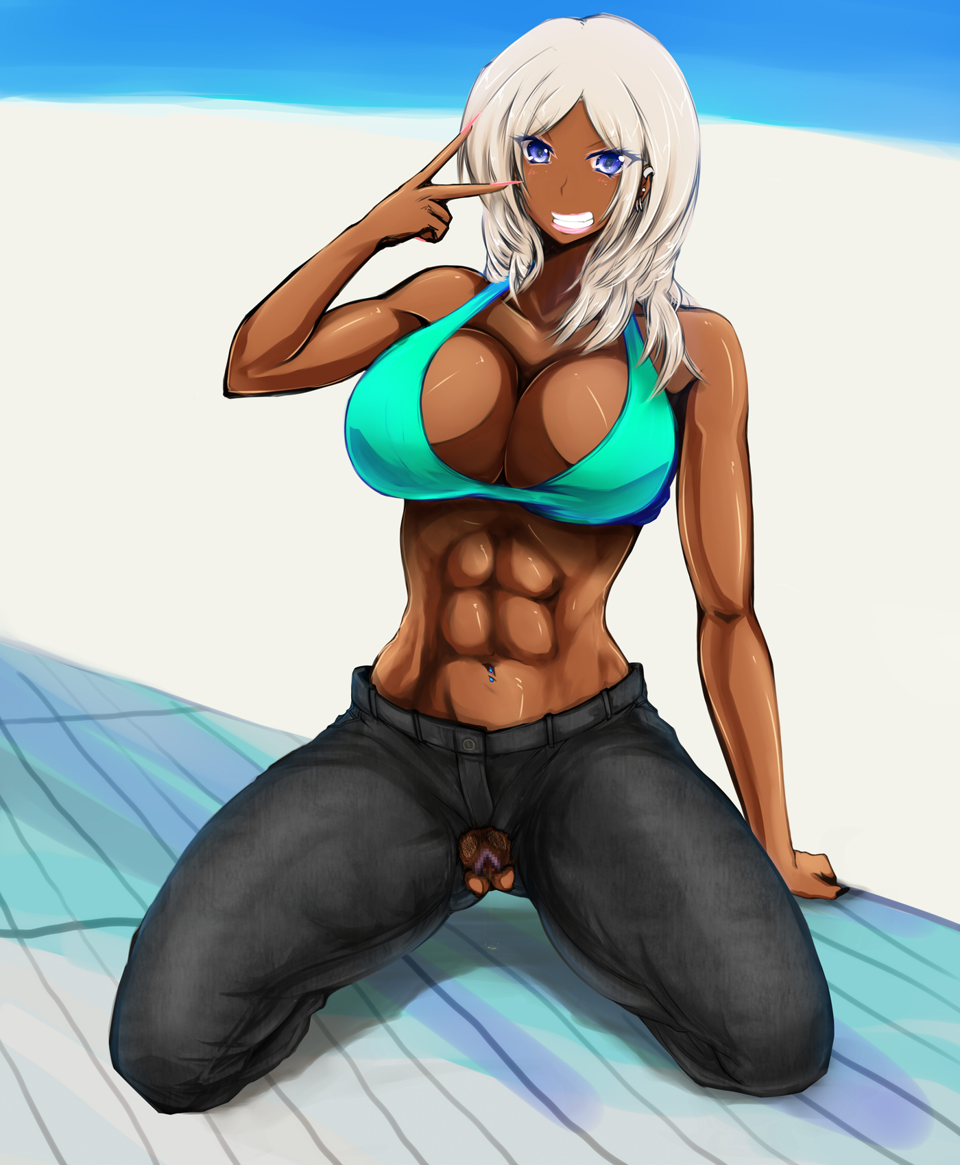 mumumu (gurudebaruden), original, censored, highres, 1girls, abs, beach, bikini top, blue eyes, breasts, crotch cutout, dark-skinned female, dark skin, denim, ear piercing, earrings, female, fingernails, grin, jeans, jewelry, kneeling, large breasts, lipstick, long fingernails, long hair, makeup, midriff, muscle, muscular female, nail polish, navel piercing, pants, piercing, pubic hair, pussy, silver hair, smile, solo, v, 