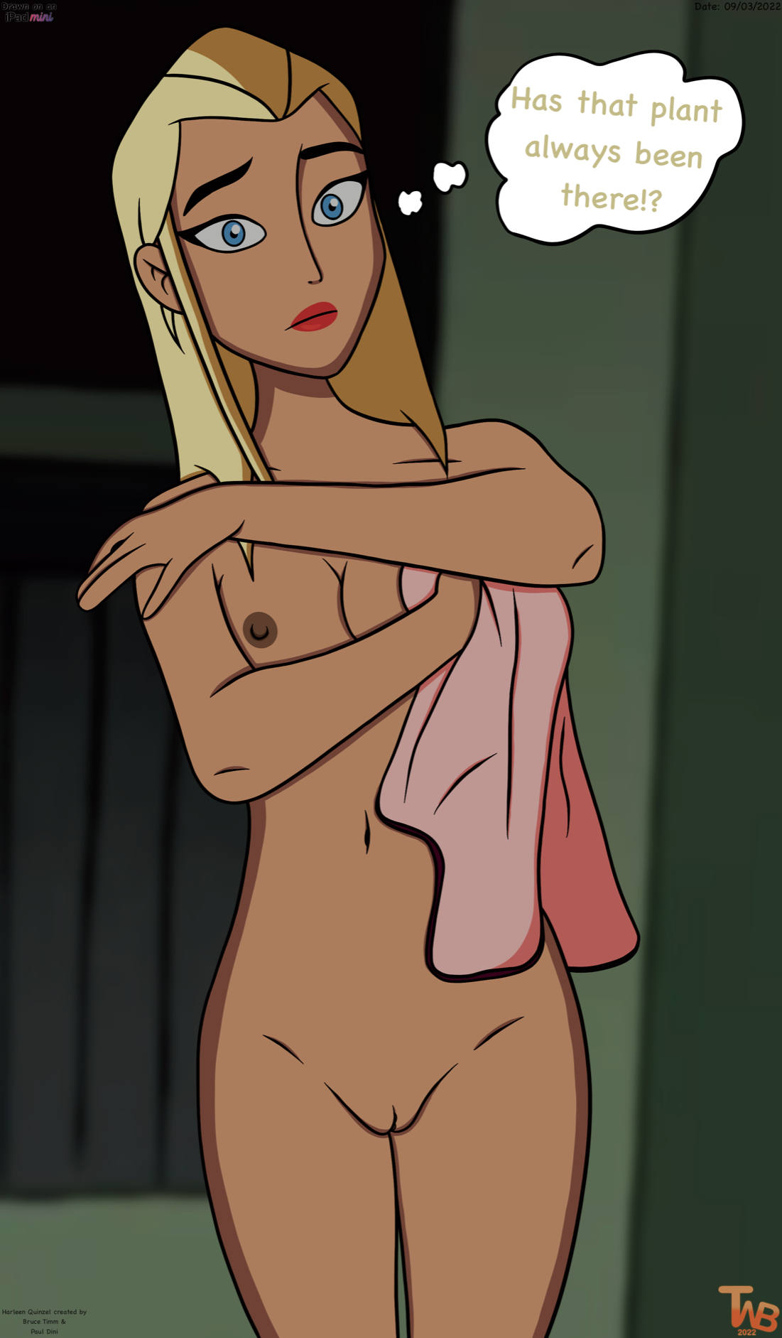 thedispenser69, harley quinn, the batman, thought bubble, 1girl, blonde hair, blue eyes, breasts, camera, drying, hairless pussy, holding towel, long hair, looking at object, looking at plant, naked, naked female, nipples, nude, nude female, plant, pussy, solo, solo female, solo focus, spy camera, straight hair, the wank bank, towel, toweling off, 