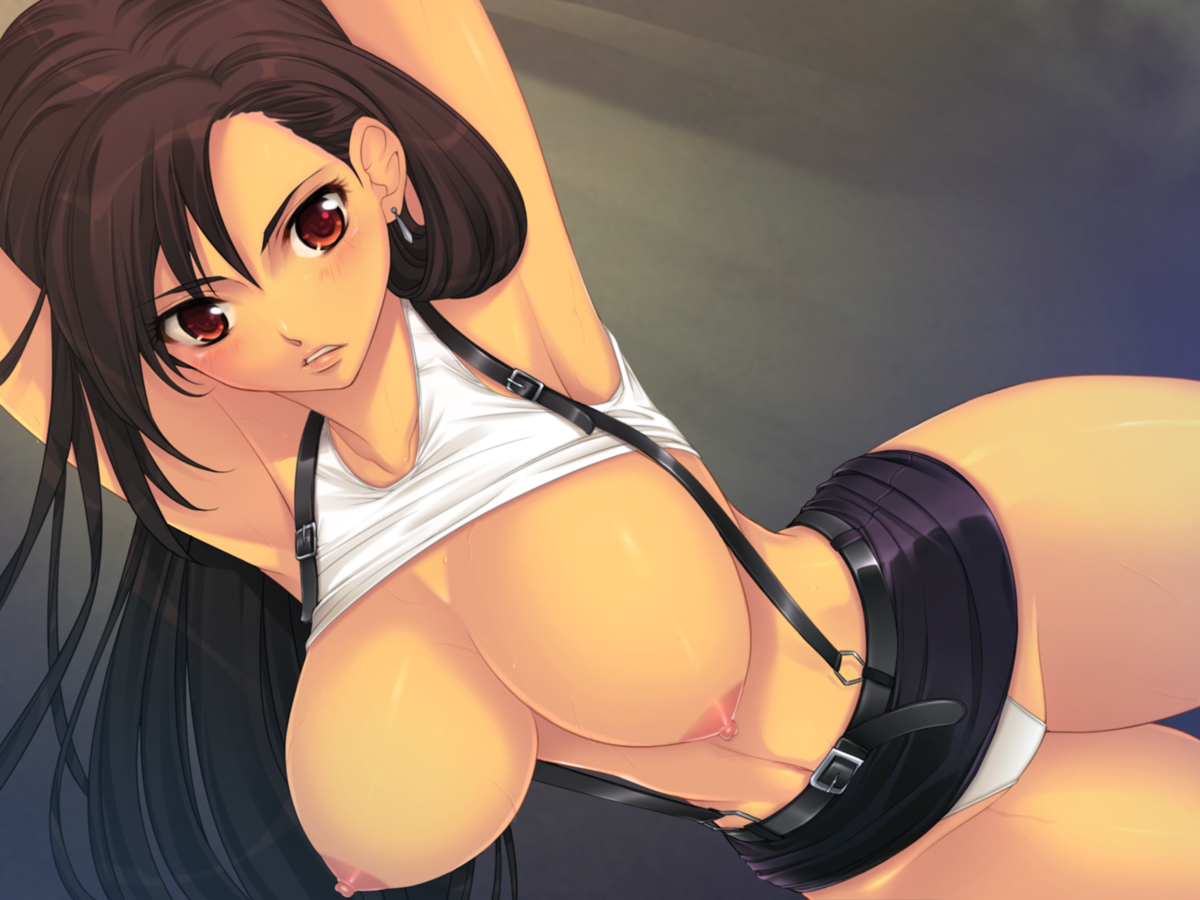 yoko jyusuke, tifa lockhart, final fantasy, final fantasy vii, breasts, brown hair, female, female only, hanging breasts, human, large breasts, long hair, miniskirt, nipples, orange eyes, panties, red eyes, shirt lift, skirt, skirt lift, solo, suspenders, underwear, 