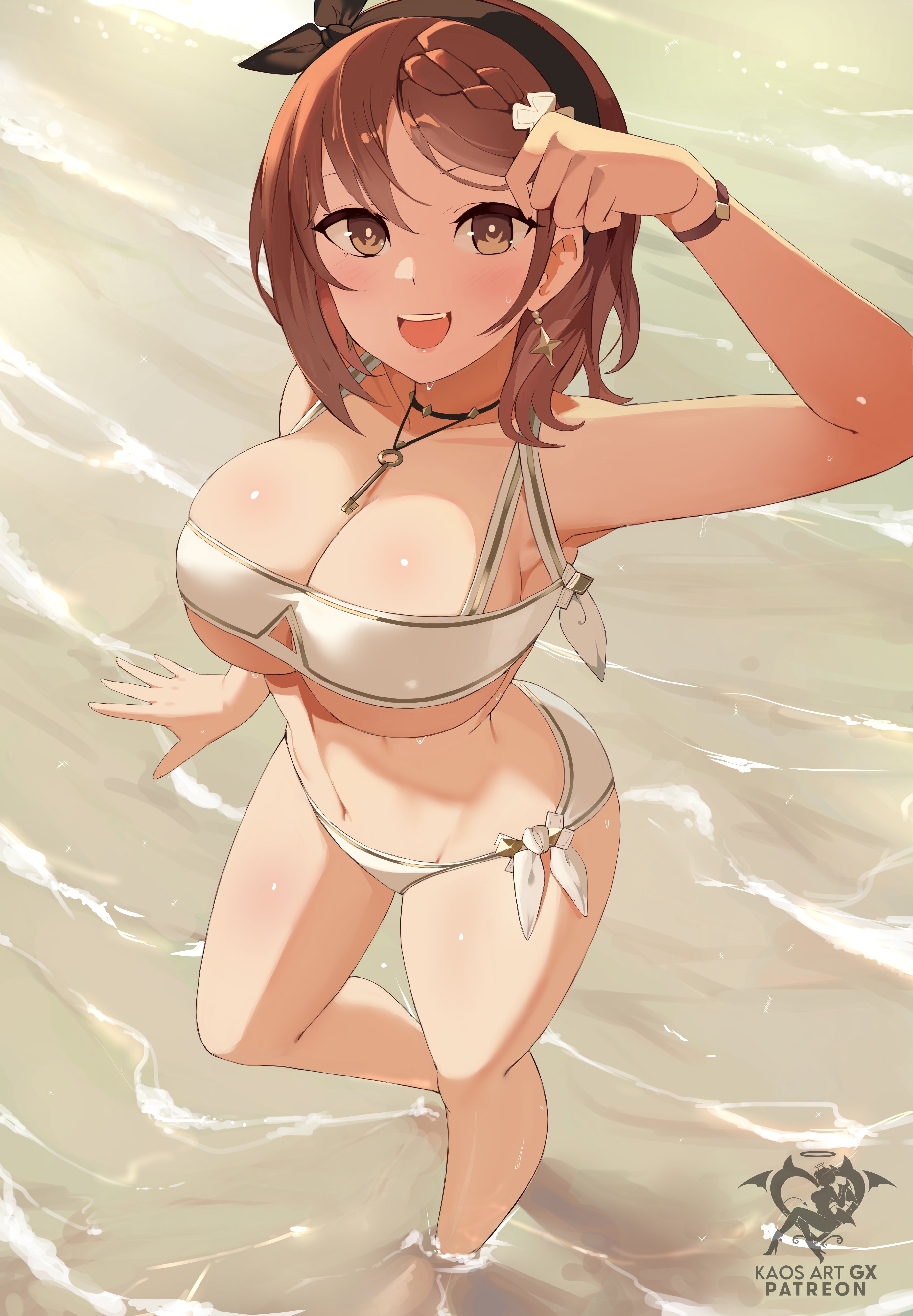 reisalin stout, atelier (series), atelier ryza, watermark, artist name, beach, cheerful, choker, excited, from above, happy, huge breasts, necklace, one arm up, partially submerged, shallow water, swimsuit, thick thighs, wading, wide hips, 
