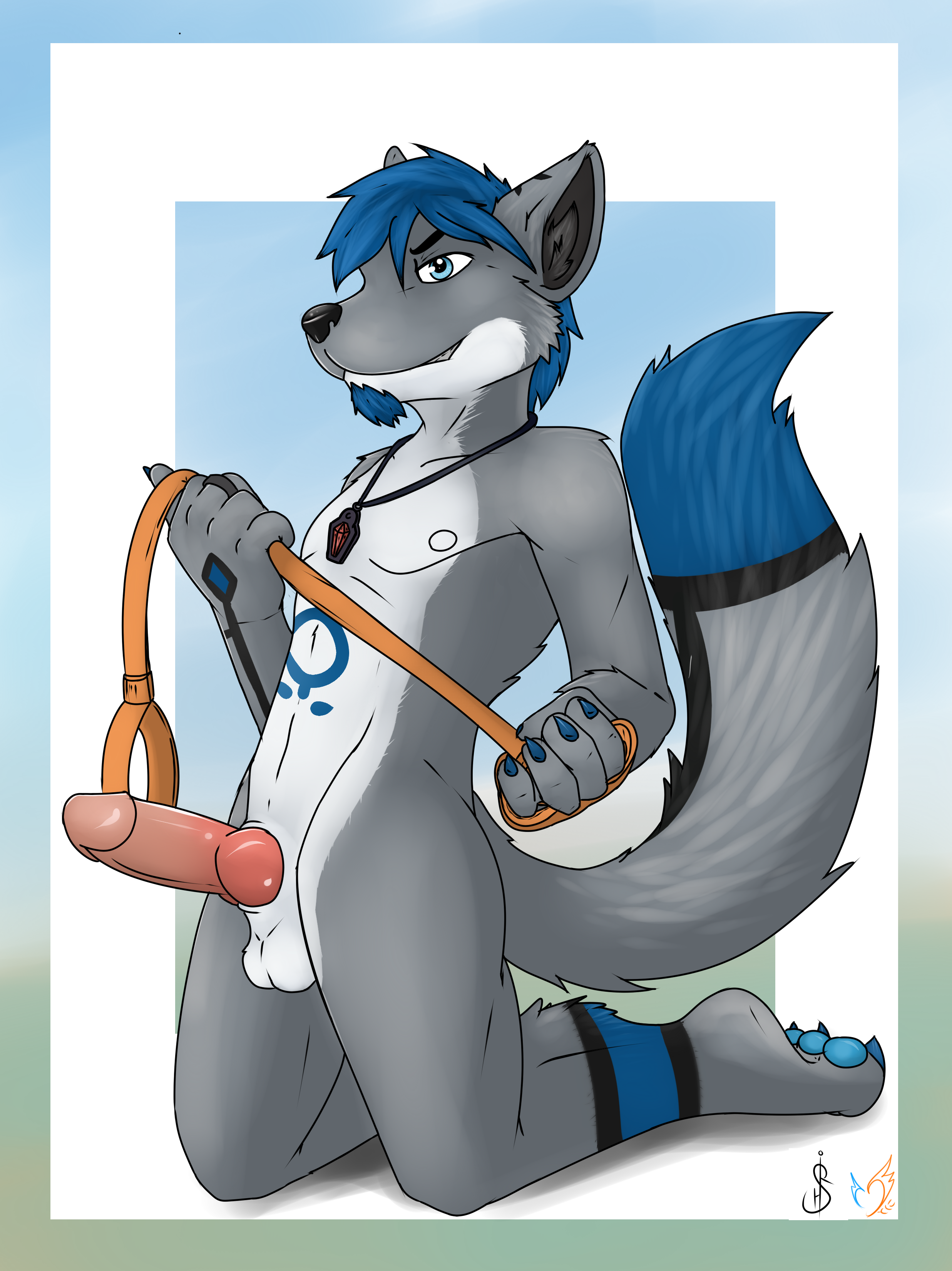 ray-bleiz, simple background, 1boy, anthro, balls, blue eyes, bondage, canine, collar, erection, fur, furry, grey fur, kneeling, knot, leash, male, male only, mammal, nude, penis, solo, wolf, 